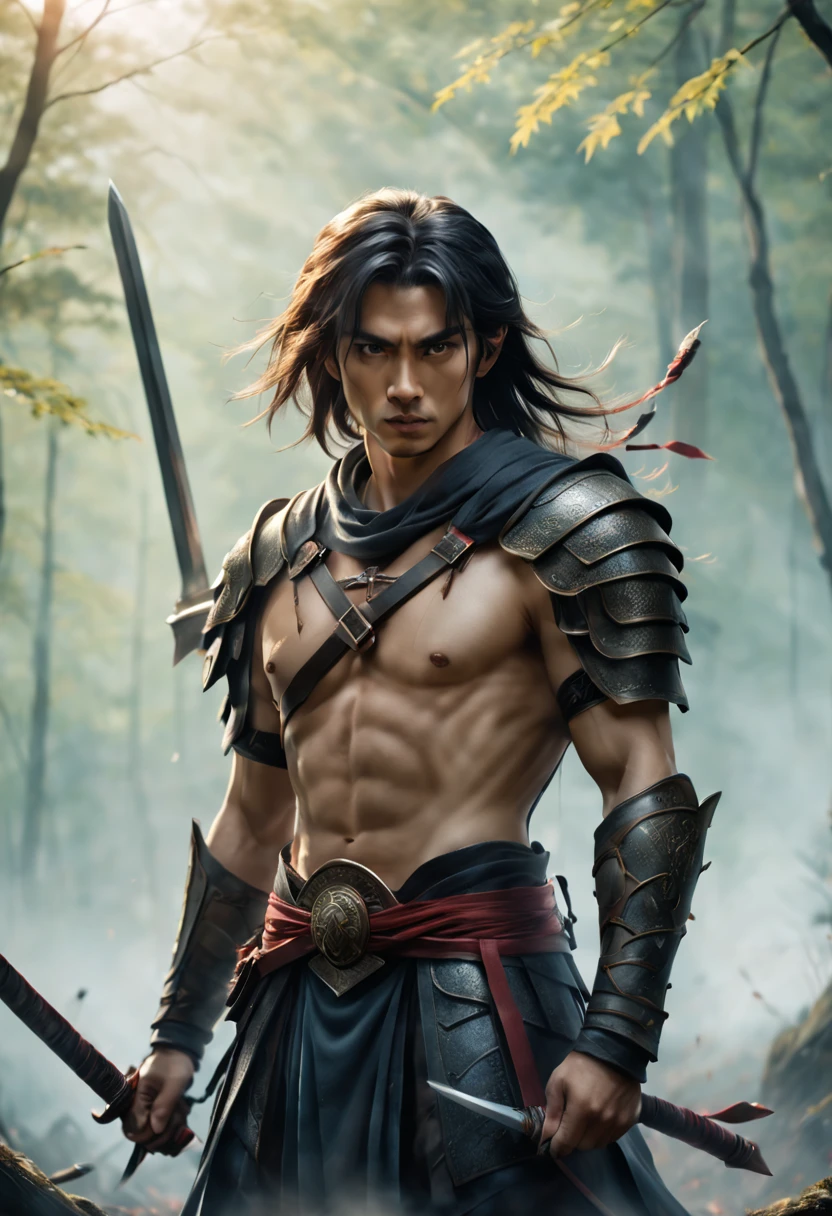 Hold the sword and open the scabbard.身著暗紅裙子的帥氣男warrior, misty forest background.bokeh background.portrait,(best quality,4k,8k,high resolution,masterpiece:1.2) Art Station Contest Winners, fantasy art, warrior, 非常勇猛帥氣的赛博朋克warrior, warrior刀, handsome male warrior,, Warrior style , she is holding a warrior刀 sword, 日本warrior, 