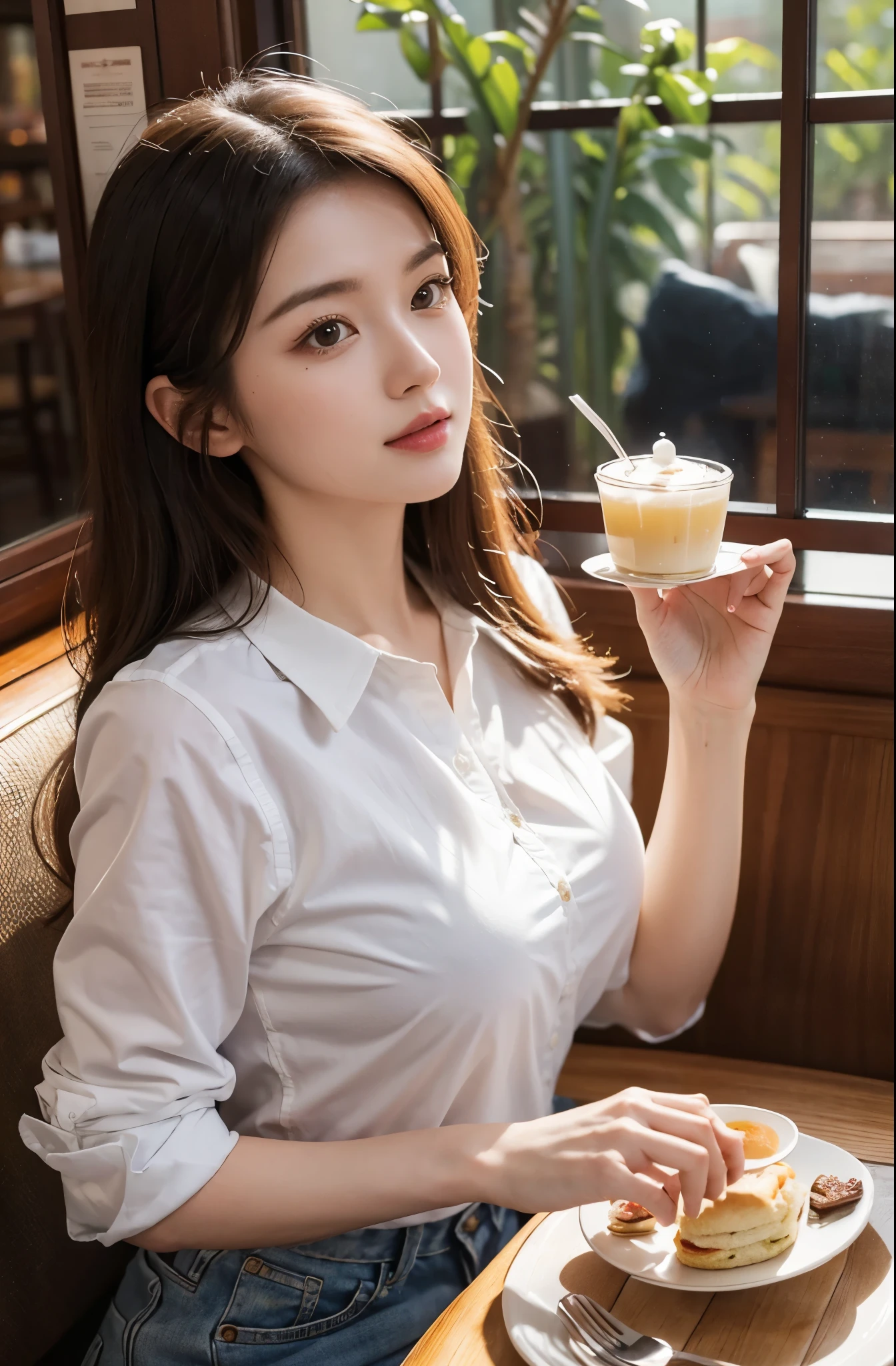 (8k, top quality, masterpiece: 1.2), (realistic, photorealistic: 1.37), AOA jimin, suit, constriction, super detailed, girl single, cute, solo, beautiful detailed sky, detailed café, night, sitting, date, (blush), (smile: 1.15), (closed mouth) small, fine beautiful eyes, (collared shirt: 1.1), night, wet, office clothes, rain, white lace, ( Shorthair: 1.2), Floating NovaFrogStyle,