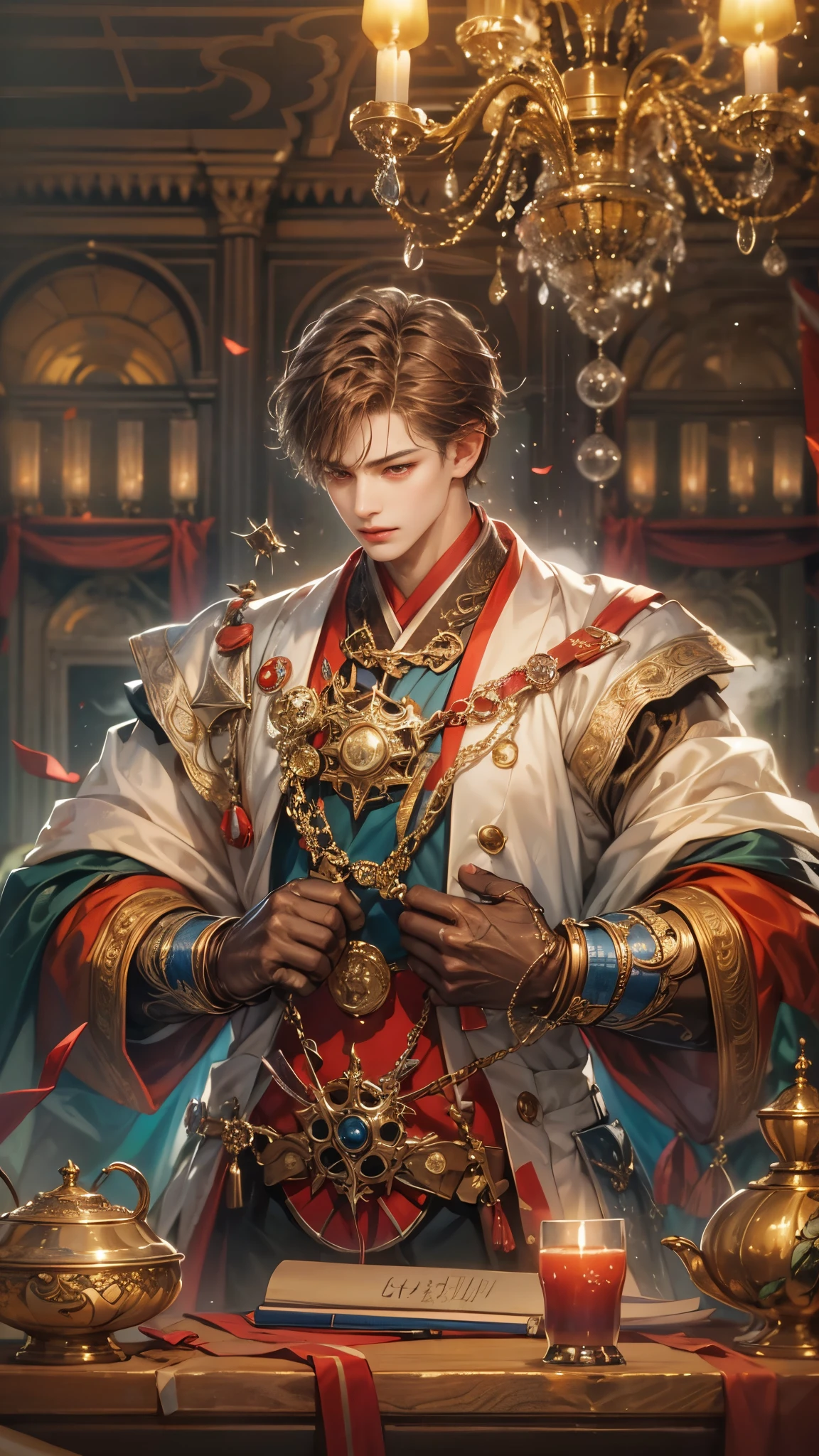 (absurdres, highres, ultra detailed, HDR), masterpiece, intricate details, best quality close-up picture of a character from Ragnarok Online, a character with handsome looks, korean face, dark crimson hair, short hair, anime red eyes, silly face, matured teen, Versailles outfit showing chest, crop top, detailed chamber fireplace with chandelier background, festive scenery, detailed character, art kenouji