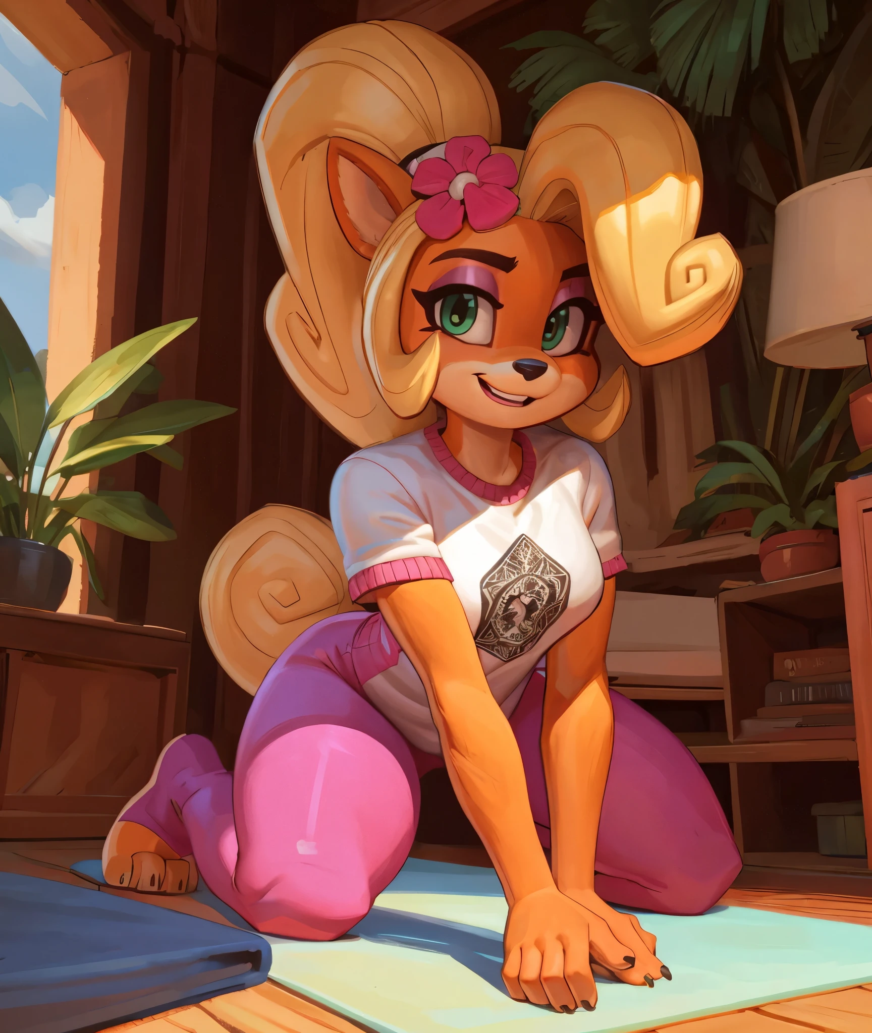 [Coco bandicoot], [Uploaded to e621.net; (Pixelsketcher), (wamudraws)}, ((masterpiece)), ((HD)), ((high res)), ((solo portrait)), ((full body)), ((front view)), ((feet visible)), ((furry; anthro)), ((detailed fur)), ((detailed shading)), ((beautiful render art)), ((intricate details)), {anthro; orange fur, black nose, (cute green eyes), (short eyelashes), (pink eyeshadow), blonde curly hair, curly ponytail, (sharp claws), (curvy hips), (beautiful legs), (beautiful feet), (sexy toes), (cute smirk), (excited expression)}, {(white tee shirt), (tight pink yoga pants), (pink flower in hair)}, {(kneeling), (all fours), (looking at viewer)}, [background; (tropical forest), (living room), (window), (blue sky), (sun rays), (ambient lighting)]