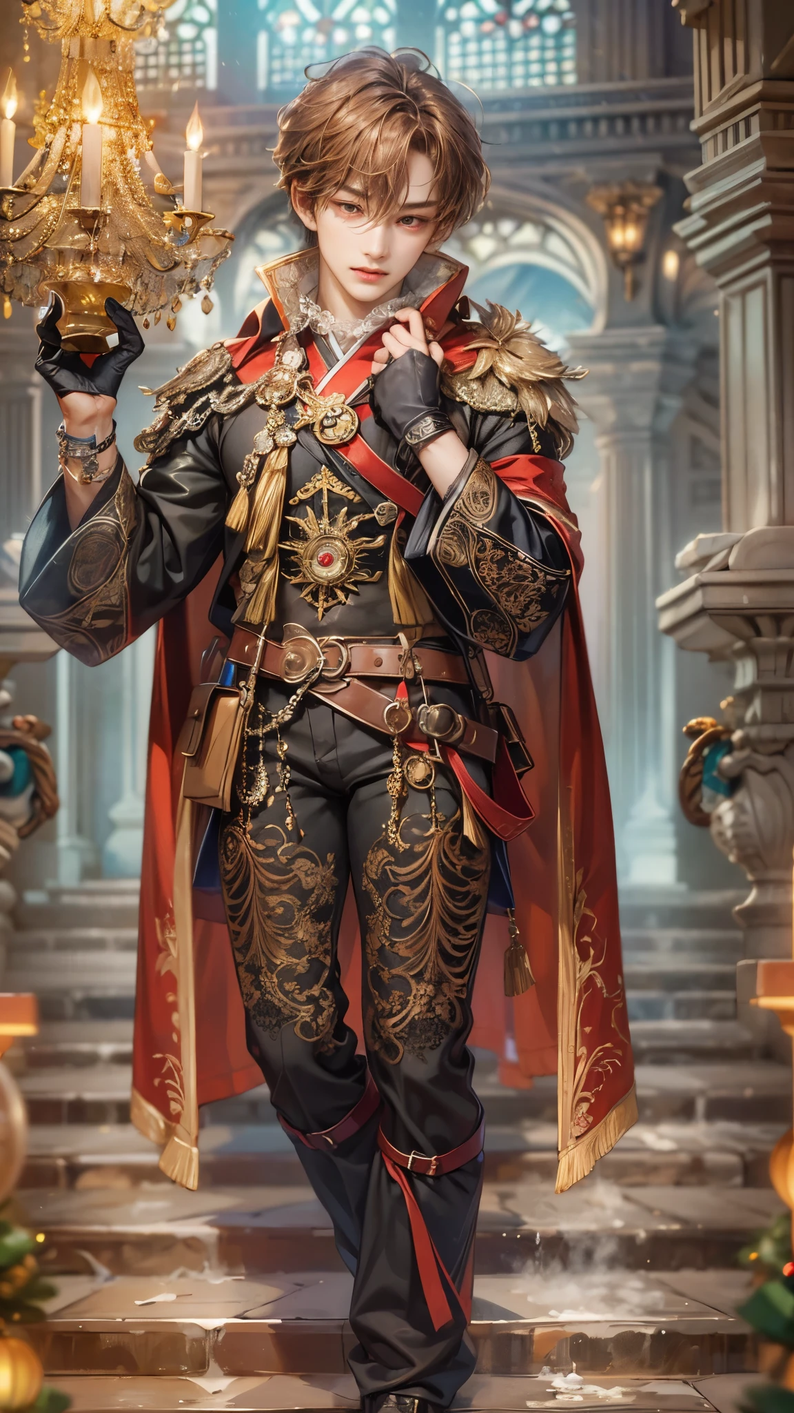 (absurdres, highres, ultra detailed, HDR), masterpiece, intricate details, best quality close-up picture of a character from Ragnarok Online, a character with handsome looks, korean face, dark crimson hair, short hair, anime red eyes, silly face, matured , Versailles outfit showing chest, crop top, detailed chamber fireplace with chandelier background, festive scenery, detailed character, art kenouji