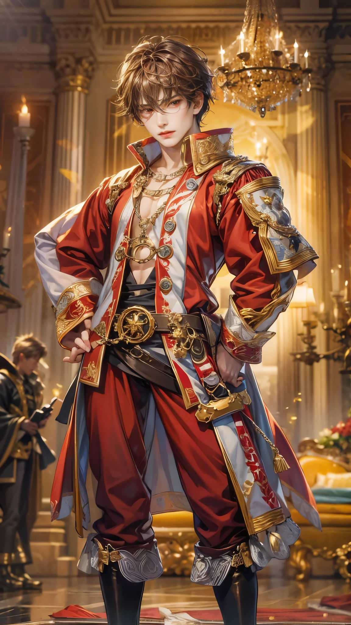 (absurdres, highres, ultra detailed, HDR), masterpiece, intricate details, best quality close-up picture of a character from Ragnarok Online, a character with handsome looks, korean face, dark crimson hair, short hair, anime red eyes, silly face, matured , Versailles outfit showing chest, crop top, detailed chamber fireplace with chandelier background, festive scenery, detailed character, art kenouji