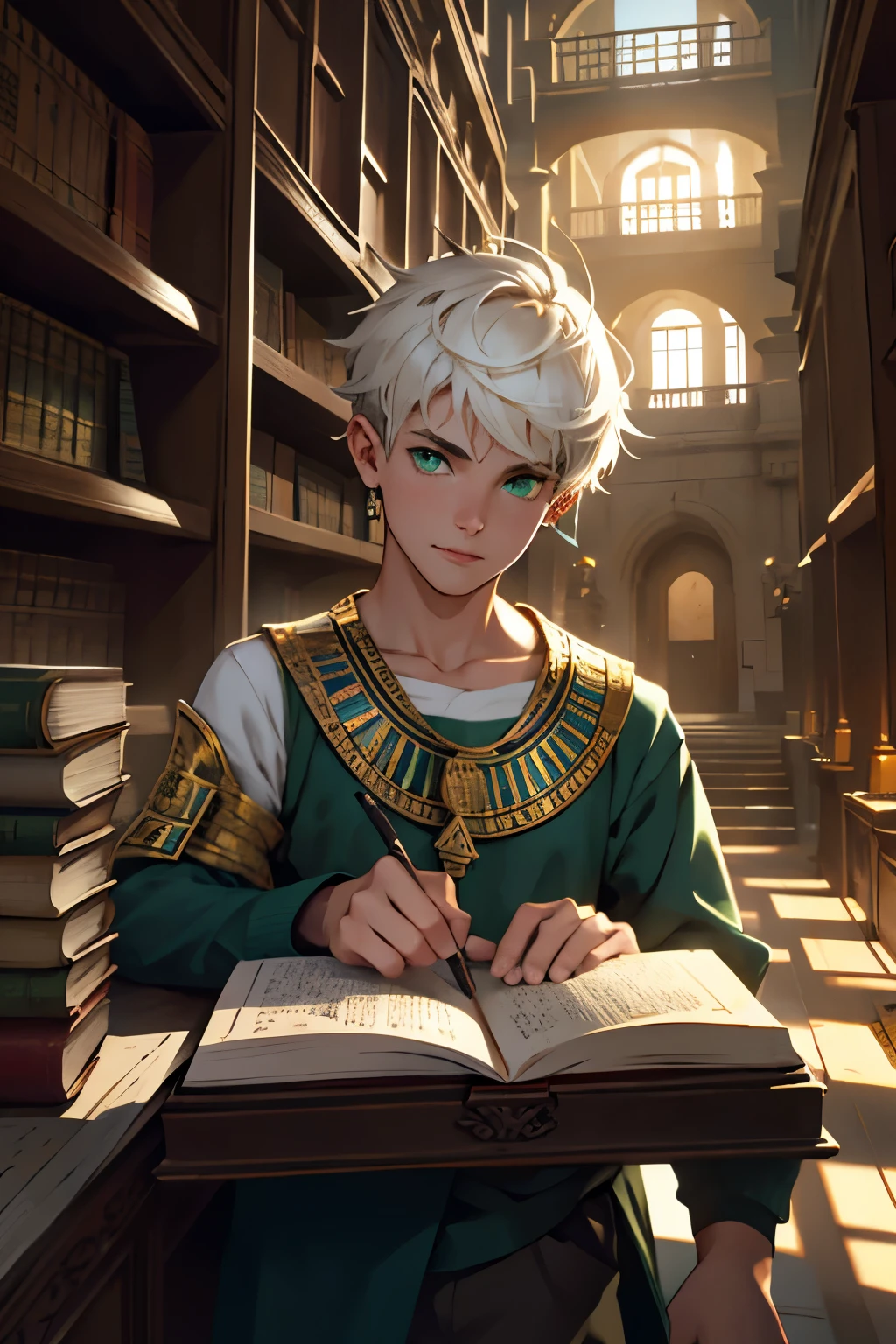 Young bibliomaniac with short white hair, green eyes, is in an ancient library of Alexandria or Babylon.. o en una biblioteca del antiguo egipto tiene cabello naranja y otro joven lo mira sentado y leyendo de espaldas a su escritorio lleno de libros desordenados mientras lee en la oscuridad, un ambientedel antiguo egipto