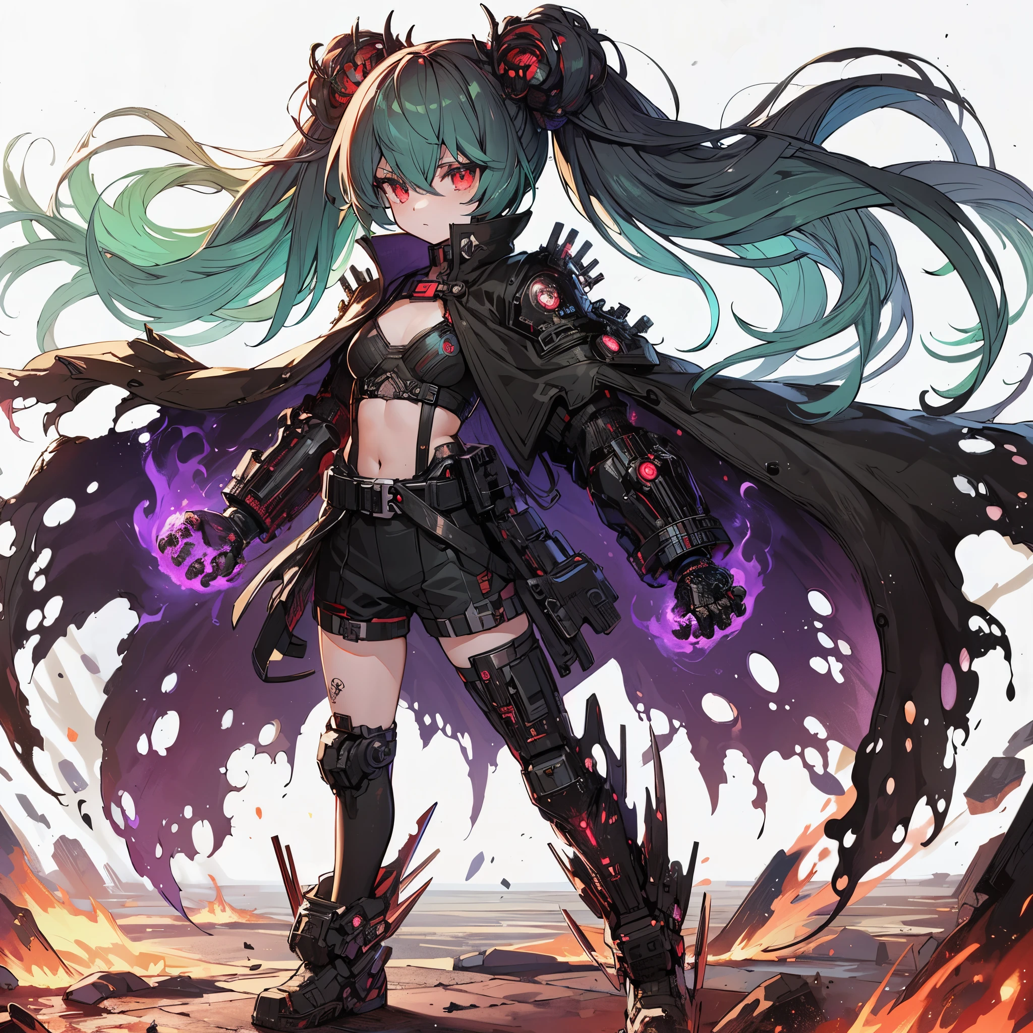 (masterpiece, Best Quality), (Perfect athlete body:1.2), (detailed hairs), Ultra-detailed, Anime style, Full body, cyberpunk Egge runner girl, burnt black mechanical limb, ((fists of black-purple flame)), Sea green two topknot hairstyle with red eyes, wearing raged cape and cyberpunk outfit. standing in burned earth, 8k high resolution, white background, whole-body, full-length view,