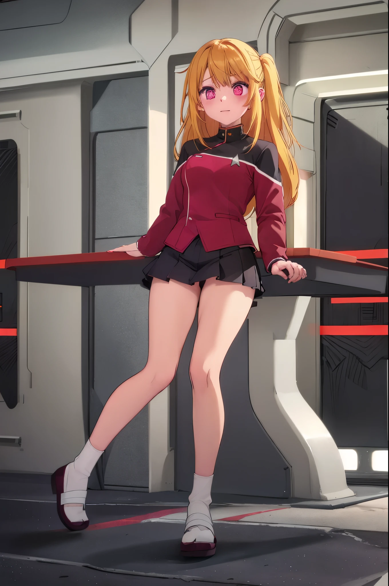 (solo:1.2), 1 childish girl standing in space ship, zero gravity, galaxy in distance, military uniform, too short skirt, (short orange hair), (very long sidelocks), narrow shoulders, narrow waist, skinny long legs, thigh gap, pigeon toed, (nsfw:1.0), orgasm, show off vagina squirting out pussy juice