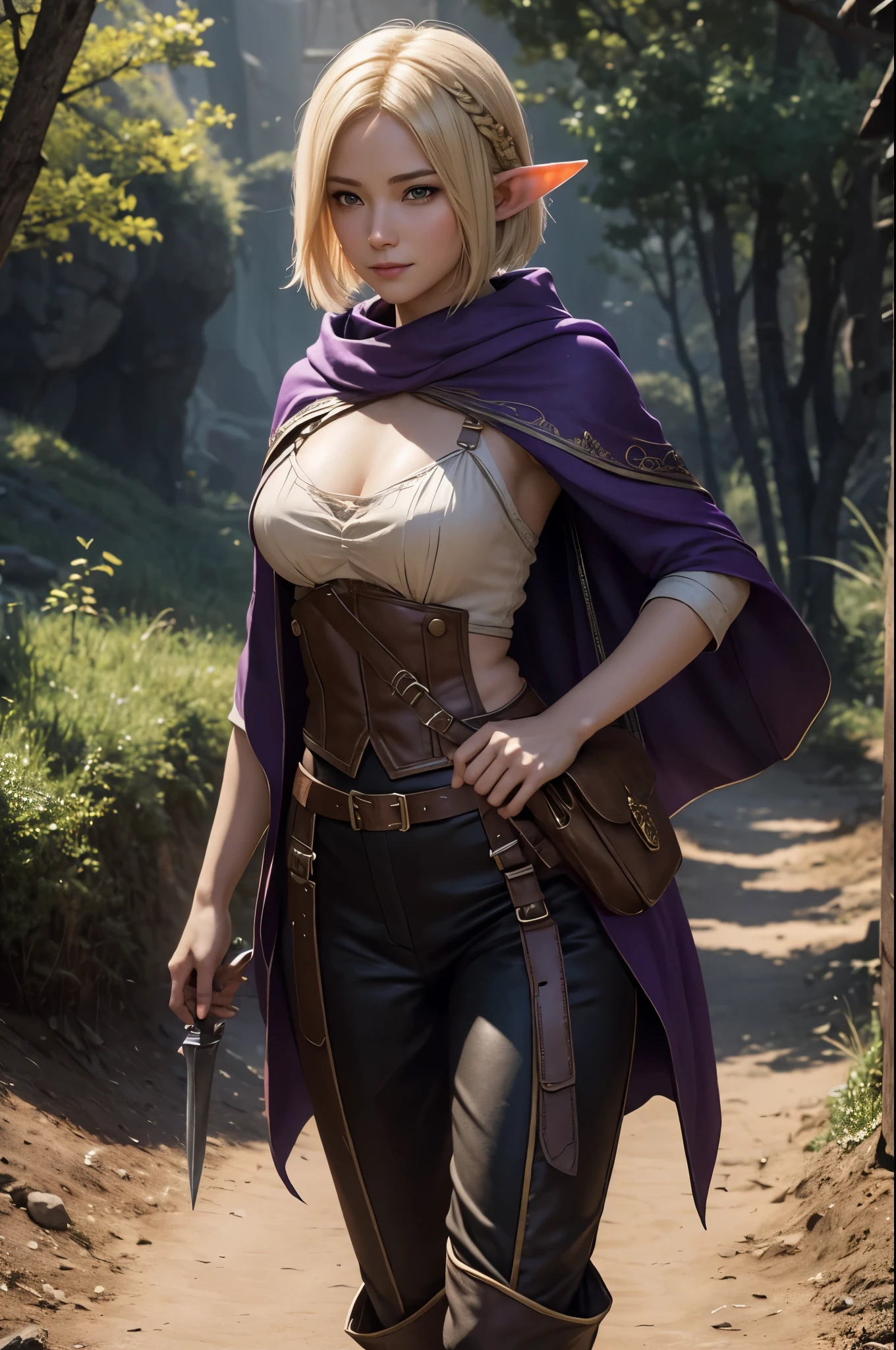 8k,Elf smiling blonde short bob hair,super beautiful(like the real thing),elf ears,An Arafe woman wearing a brown cloak is walking., super detailed Fantasy characterss, 3d rendering character art 8k, types of bacteria ; 3d unreal engine, fantasy costume, 4 k detail fantasy, 2. 5d cgi anime fantasy artwork, Fantasy characters, gorgeous purple and black pants, seductive woman, 素晴らしいcharacter art,masterpiece,Photorealistic RAW photos of the highest quality。bright colors,rich colors, Backlight, cinematic lighting, film grain, to be born, 50mm lens, Nikon D850,realistic skin,fantasy art,character art,ultra high resolution,realistic skin,wilderness,small breasts,road with dust,Adventurer's Costume,Carrying a large bag on your back,walk with half your face covered,hide your face,sharp gaze,carry a sword,