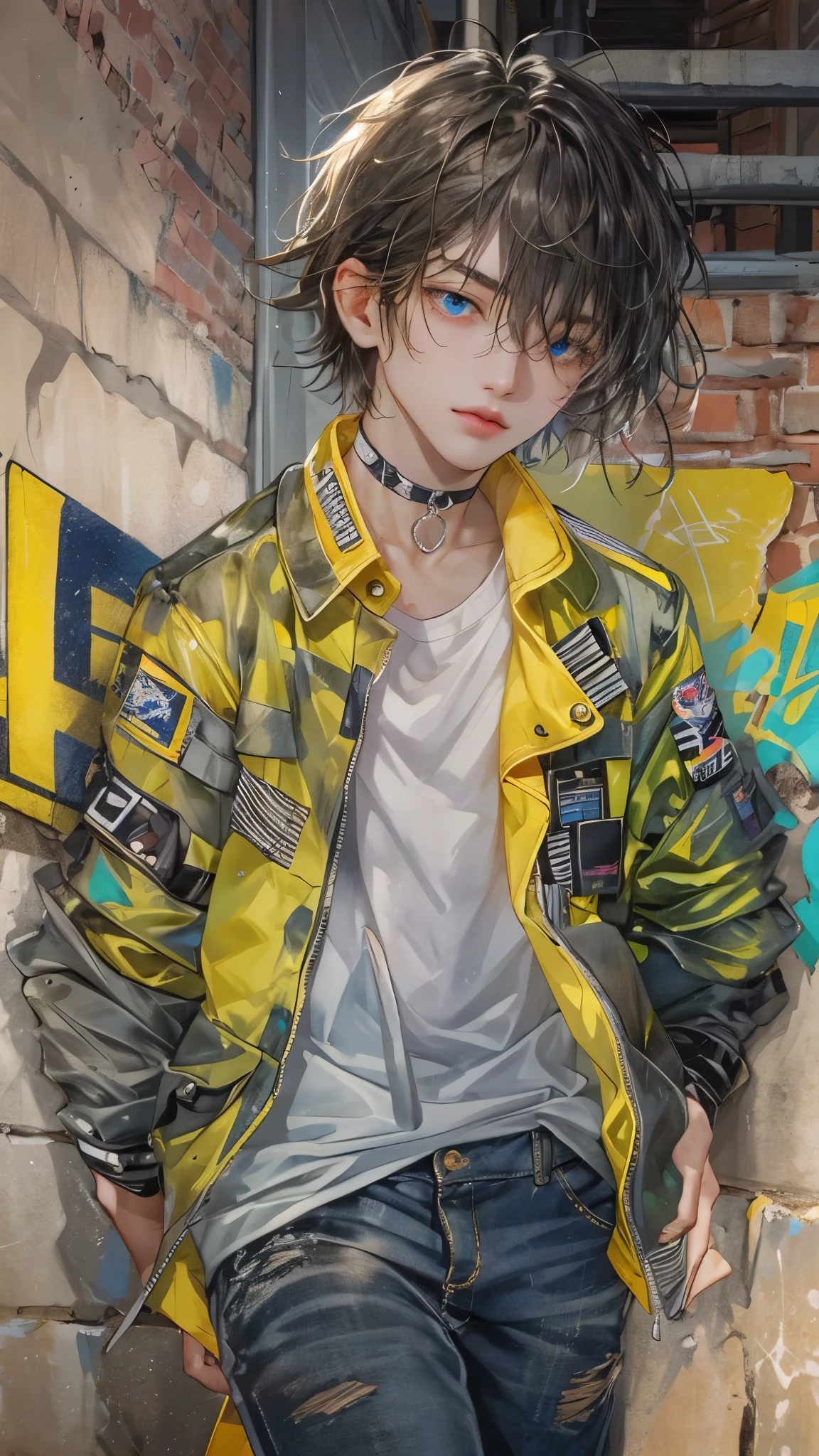 Superb detail, color difference, 1boy, short hair, brunette, messy hair, yellow highlights, hair in one eye, blue eyes, sharp eyes, choker, neon shirt, ripped jeans open coat, against wall, brick wall, graffiti, dim lighting, alley