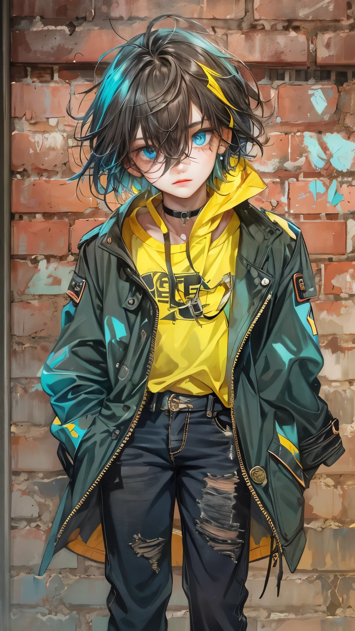 Superb detail, color difference, 1boy, short hair, brunette, messy hair, yellow highlights, hair in one eye, blue eyes, sharp eyes, choker, neon shirt, ripped jeans open coat, against wall, brick wall, graffiti, dim lighting, alley