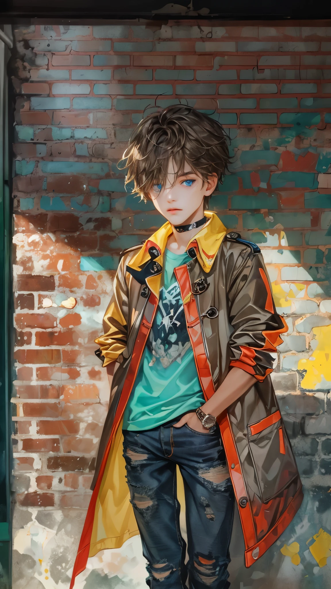 Superb detail, color difference, 1boy, short hair, brunette, messy hair, yellow highlights, hair in one eye, blue eyes, sharp eyes, choker, neon shirt, ripped jeans open coat, against wall, brick wall, graffiti, dim lighting, alley