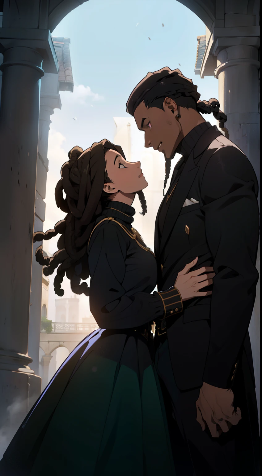 "Produce an anime-style image that celebrates&#39;amour entre les couples noirs. la fille, peau noire, peau noire, peau noire 1.5,  avec cuir noir et fines tresses africaines, il a ((yeux verts)) charmant. Votre partenaire, {dark skin and hair: 1,5}, ((Courtes de dreadlocks)), a des yeux blancs expressifs. Both wear loose coats with gold details., ajouter une touche de sophistication. Located in a garden, the scene depicts passionate kisses between them. Transmettez l&#39;intensity of l&#39;amour éternel entre ces amants noirs, showcasing their unique characteristics and the romantic bond that&#39;ils partagent. Manteau {((stylish sweaters, super tendance, super look))}".