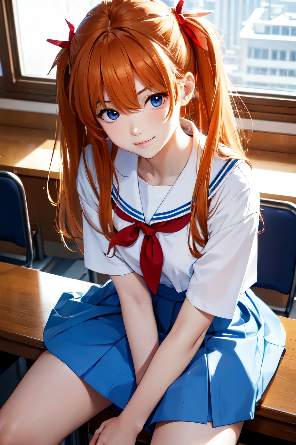 （8K, best quality, muste piece:1.2)、ultra high resolution、Anime,1 very cute girl,asuka langley,ultra-detailed face, detailed eyes,blue eyes,school uniform,White sailor collar plain short sleeve shirt,light blue skirt,Light blue suspenders,uniform_red ribbon,Orange Hair,long hair、detailed hand fingers,hand in own hair,smirk、sitting on the desk,shot from above,classroom