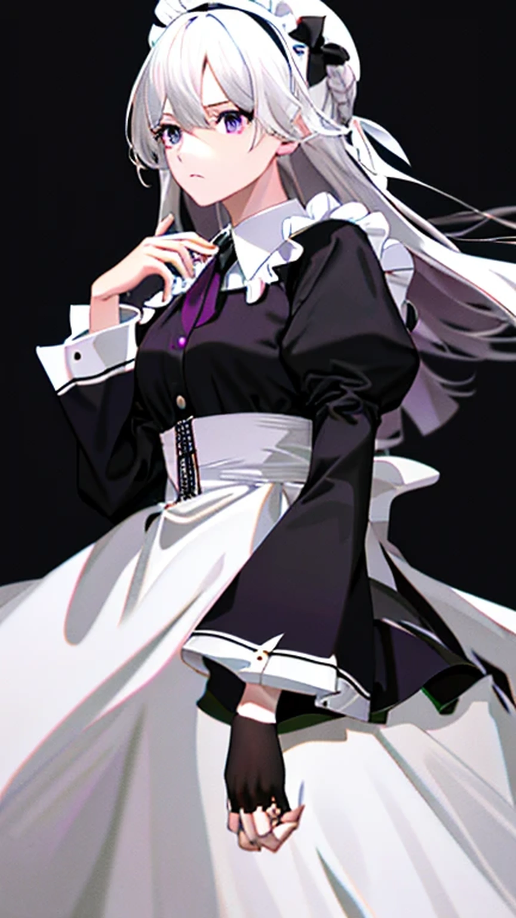 masterpiece, best quality, 1 girl, alone, long_hair, watch_exist_audience, Bangs, simple_background, long_sleeve, skirt, hair_between_Eye, jewelry, closure_Mouth, monochrome, Dominant_Body, white_hair, decorate, fluffy_sleeve, fingernail, maid, maid_headskirt, ring, Black_nail, purple_background,