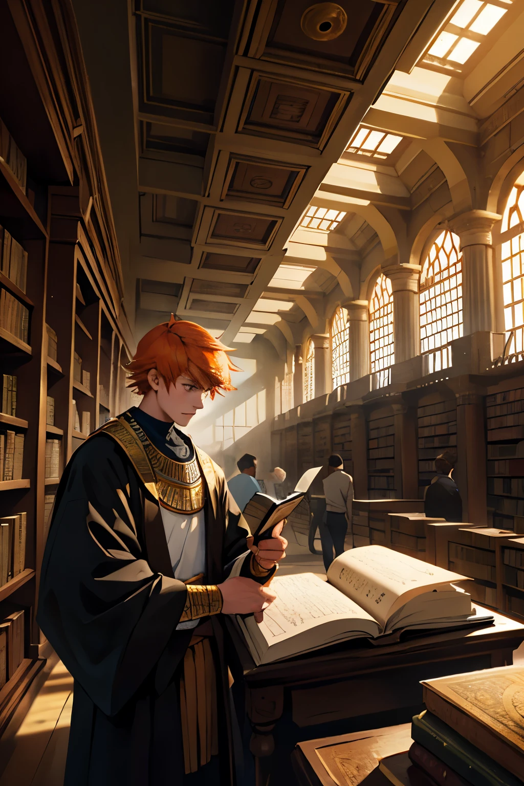 short-haired young bibliomaniac is in an ancient library of Alexandria or Babylon. or in a library in ancient Egypt he has orange hair and another young man looks at him and dark in his room, sentado y leyendo de espaldas a su escritorio lleno de libros desordenados mientras lee en la oscuridad, a somewhat depressing atmosphere with anatomy and science things.