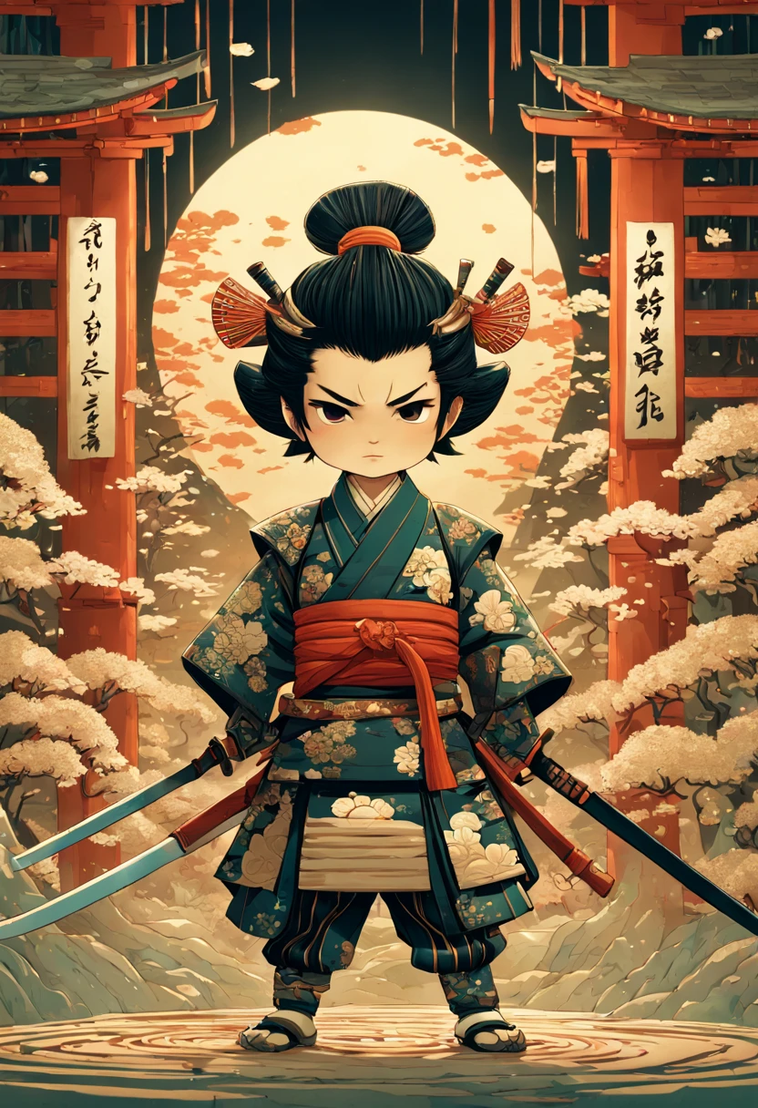 an adorable samurai chibi with traditional Japanese intricate clothes, a highly intricate and hyperdetailed drawing, Greg Rutkowski, Victo Ngai, Sakiyama, cover art, long exposure, cel-shaded, character design, 3d shading, 3DEXCITE, award-winning Epic cinematic brilliant stunning intricate meticulously detailed dramatic atmospheric maximalist