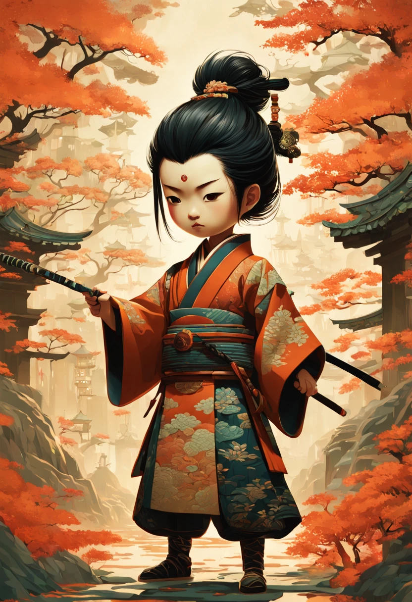 an adorable samurai chibi with traditional Japanese intricate clothes, a highly intricate and hyperdetailed drawing, Greg Rutkowski, Victo Ngai, Sakiyama, cover art, long exposure, cel-shaded, character design, 3d shading, 3DEXCITE, award-winning Epic cinematic brilliant stunning intricate meticulously detailed dramatic atmospheric maximalist