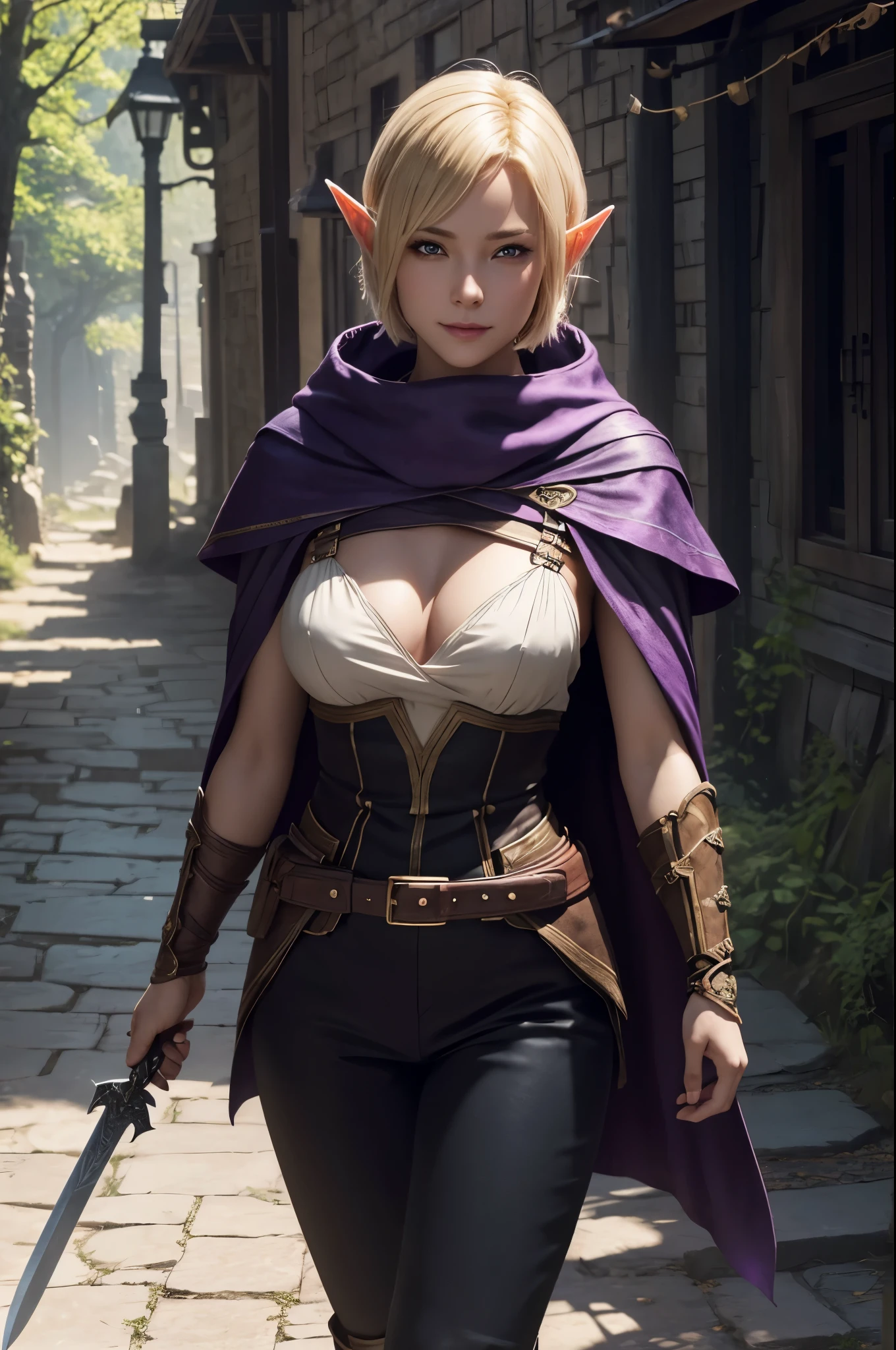 8k,Elf smiling blonde short bob hair,super beautiful(like the real thing),elf ears,An Arafe woman wearing a brown cloak is walking., super detailed Fantasy characterss, 3d rendering character art 8k, types of bacteria ; 3d unreal engine, fantasy costume, 4 k detail fantasy, 2. 5d cgi anime fantasy artwork, Fantasy characters, gorgeous purple and black pants, seductive woman, 素晴らしいcharacter art,masterpiece,Photorealistic RAW photos of the highest quality。bright colors,rich colors, Backlight, cinematic lighting, film grain, to be born, 50mm lens, Nikon D850,realistic skin,fantasy art,character art,ultra high resolution,realistic skin,wilderness,small breasts,road with dust,Adventurer's Costume,Carrying a large bag on your back,walk with half your face covered,hide your face,sharp gaze,carry a sword,