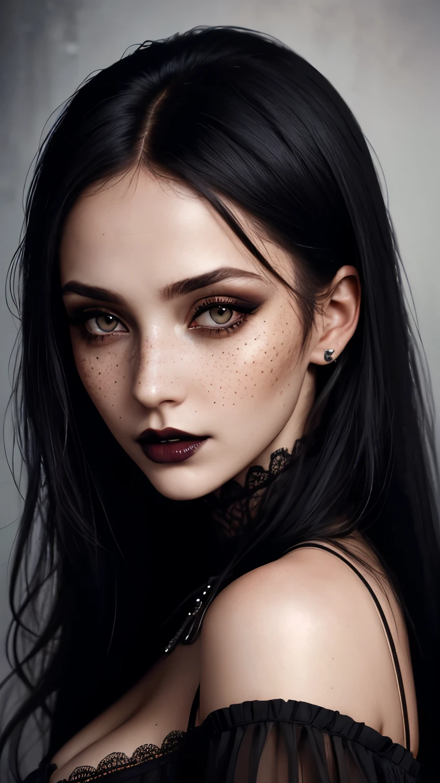 (best quality, hyperdetailed photography:1.2), beautiful lady, freckles, gothic dark makeup, soft light, massive perfect breast,head and breast portrait, cover, (detailed beautiful face, detail skin texture, ultra-detailed body:1.1) sexy vampire girl,
