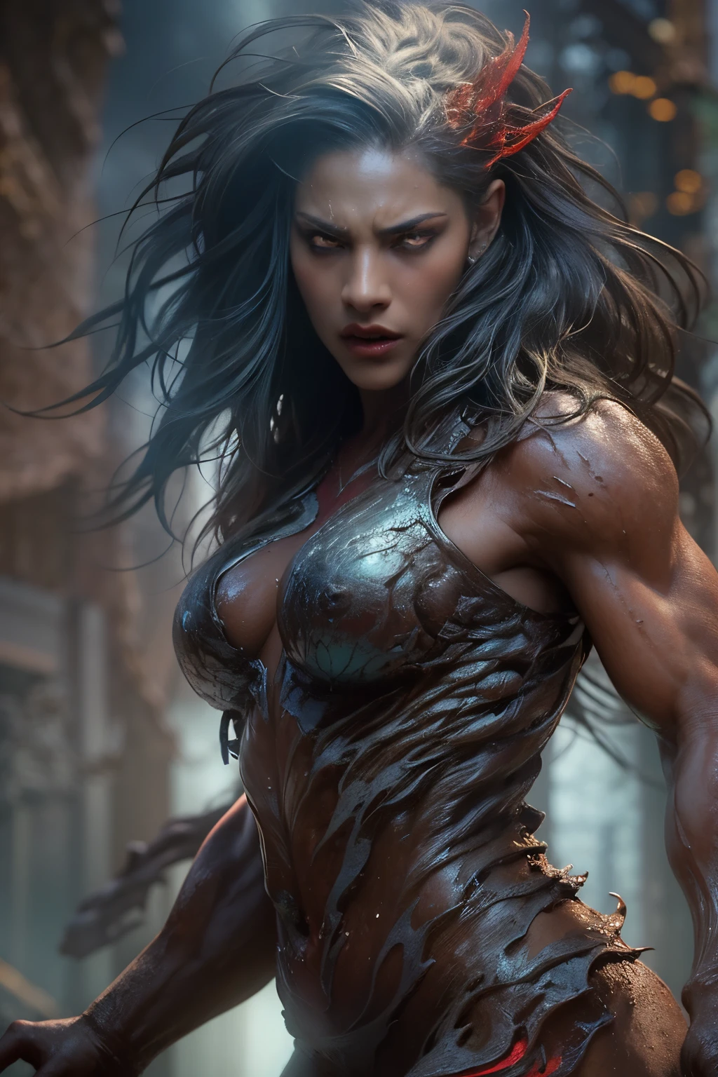 1 female alien, The predator, (extremely beautiful:1.2), (intense gaze:1.4), (predator:1.1), long dark claws, (NSFW:0.8), nipples, thick eyebrows, (shine iridescent red eyes:1.5), the most beautiful face in the universe, ((There is a female genital-like organ in the middle of her forehead:1.1)), NSFW, blue hair,
intricate artwork, ultra realistic realism, high resolution, High freshness, drawing faithfully, official art, Unity 8K Wall paper, ultra detailed artistic photography,
A woman with an extremely beautiful face, her intense gaze fixed on her prey, a primal force that could not be denied.

(beautiful lean body:1.5), (muscular build:1.2), (prowling:1.3), (sleek movements:1.4)

Her beautiful body, muscular and toned, moved with sleek grace as she prowled, ready to strike at a moment's notice. The predator within her was always on