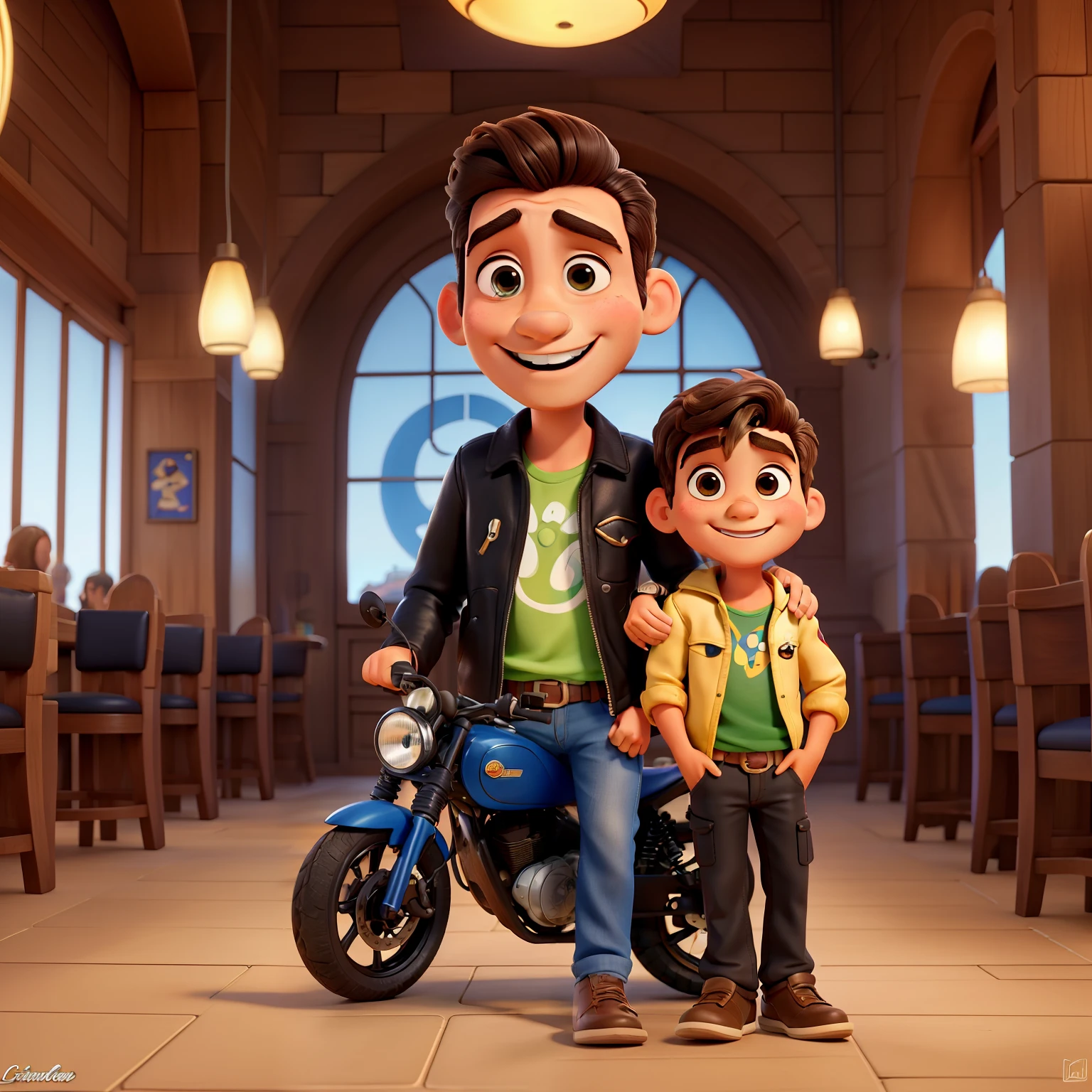 Imagem Pixar Disney: Paulo Freire, um velhinho de barba branca e cabelos castanhos, wearing a leather jacket and black pants, sentado na bancada junto a seu motocicleta de alta qualidade. O casal, estilizada pela Pixar Disney, composta por um homem moreno e uma mulher branca, sorrindo e divertindo-se em um bar. Um menino de 14 anos, de cabelos ruivos e olhos redondos, smiles in a beautiful, detailed Disney Pixar illustration.