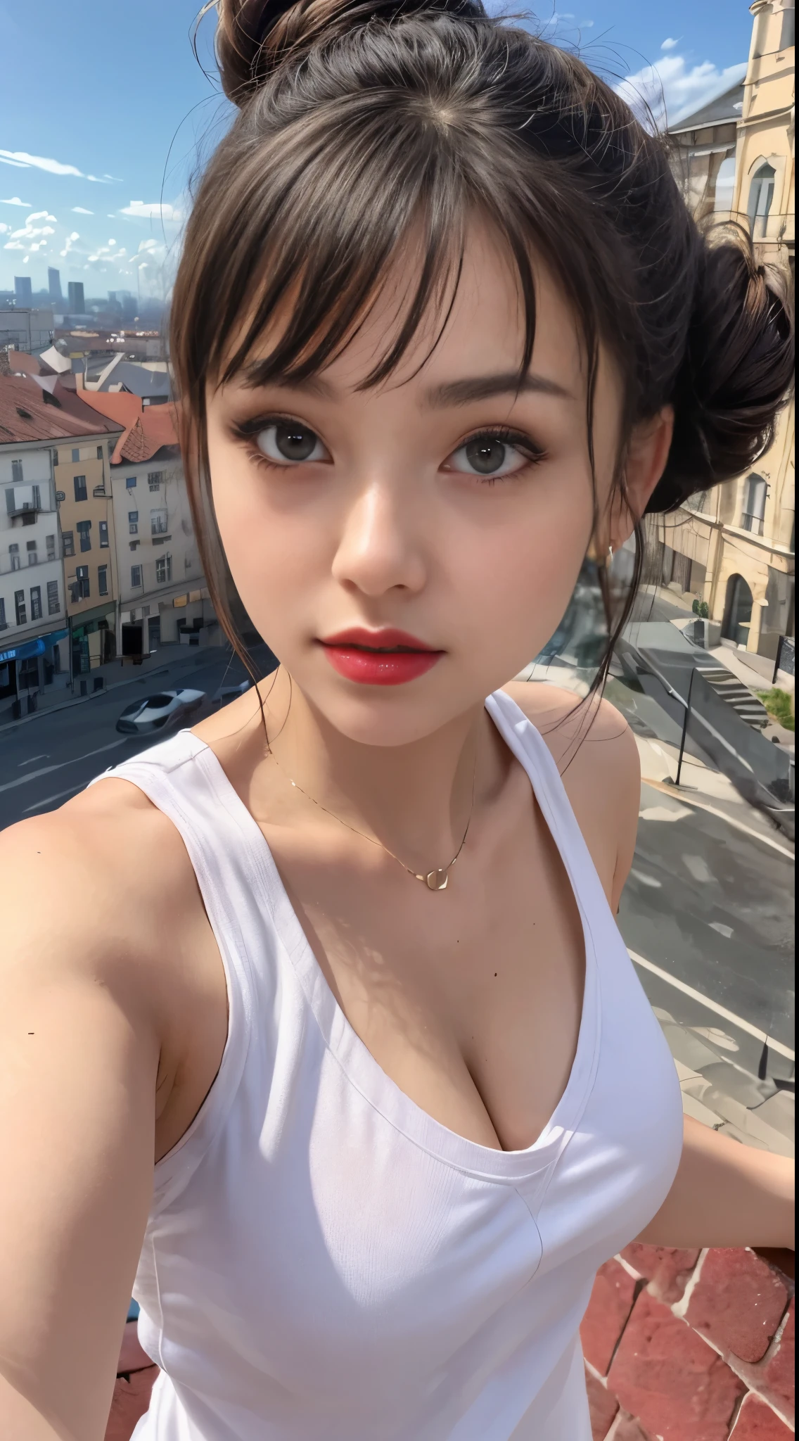 Girls, Bangs, European, Russian race, Girl, 21 years old, Height 160cm, medium breasts, background city, sky, flying plane, black hair, hair bun, taking selfie, wide angle, selfie, selfie camera, Parted lips, Red eyes, Simple background, Sleeveless, sweatshirt, cleavage, Solo, White hair,(Shiny skin),(Masterpiece:1.4),(Best quality:1.4), Red lips, sweat, whole body
