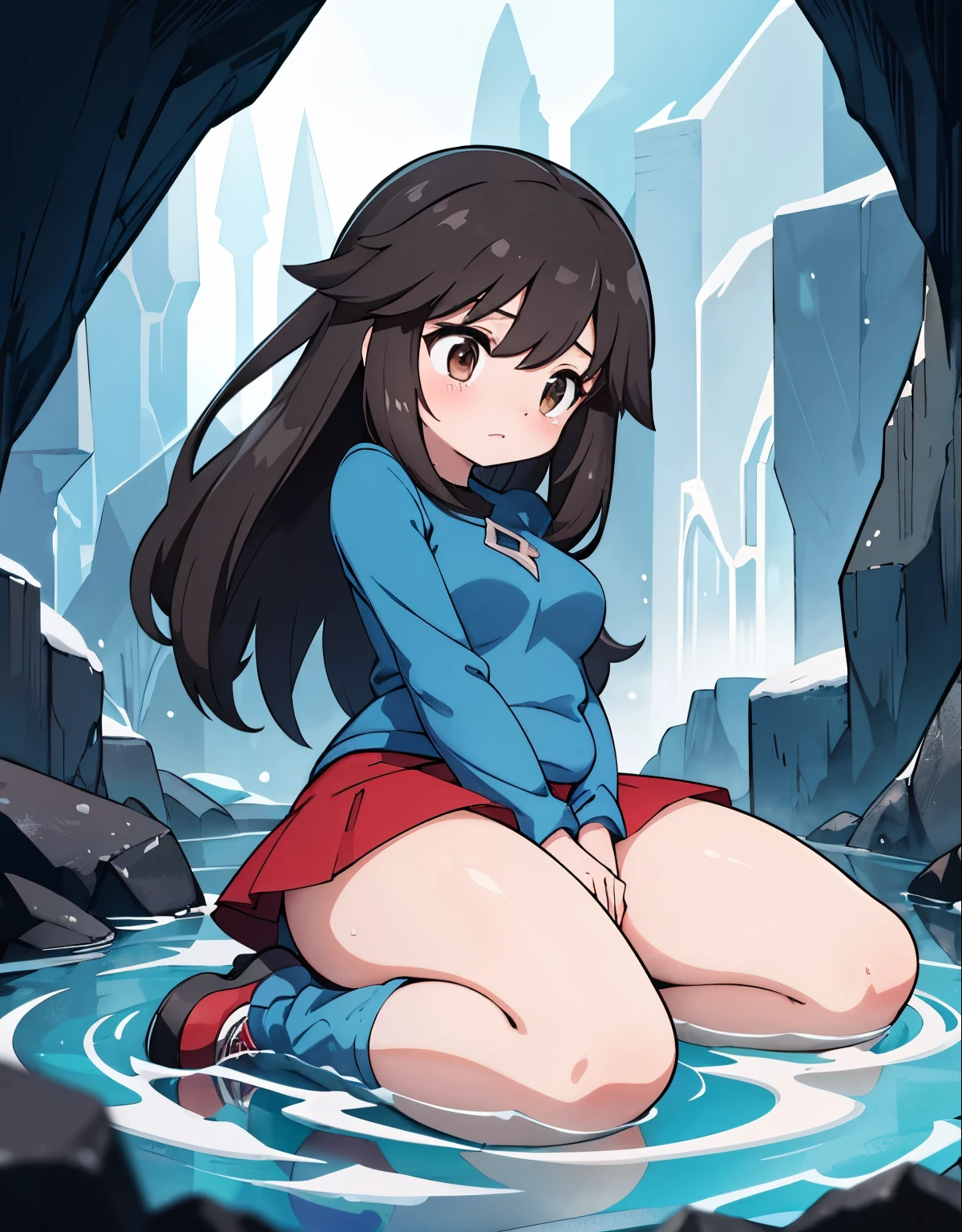 pokemon leaf, visible thighs, red skirt, blue shirt, brown eyes, loose socks, white footwear, upskirt, white panties, body shape, chubby thighs, thick thighs, scared, in a dark cave, crying, drunk, nsfw, portrait,hidden gem, mysterious atmosphere,cold,enigmatic lighting,loneliness,shivering,beautiful girl,alone in a cave,rough texture,subtle shadows,sharp edges,winter chill,shimmering ice,soft glow,frosty breath,lost in the darkness,hauntingly beautiful,content expression,frozen silence,solitude,captivating eyes,crystal formation,damp walls and floor,contrast of light and darkness,rippling underground river,distant sound of water droplets,stalactites and stalagmites,delicate features,cold stone walls,ethereal beauty,whispering wind,sense of mystery and anticipation,a flickering candle,emerald reflections,quiet contemplation