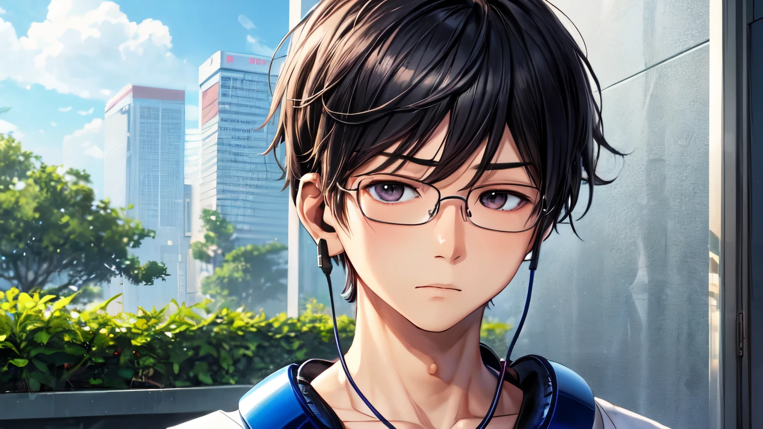 Draw an Indonesian boy in anime style with QKZ AK6 glasses and earphones. Describe his facial expression, his hairstyle, and how he wears the glasses and earphones. Describe his environment and the expression of his emotions.