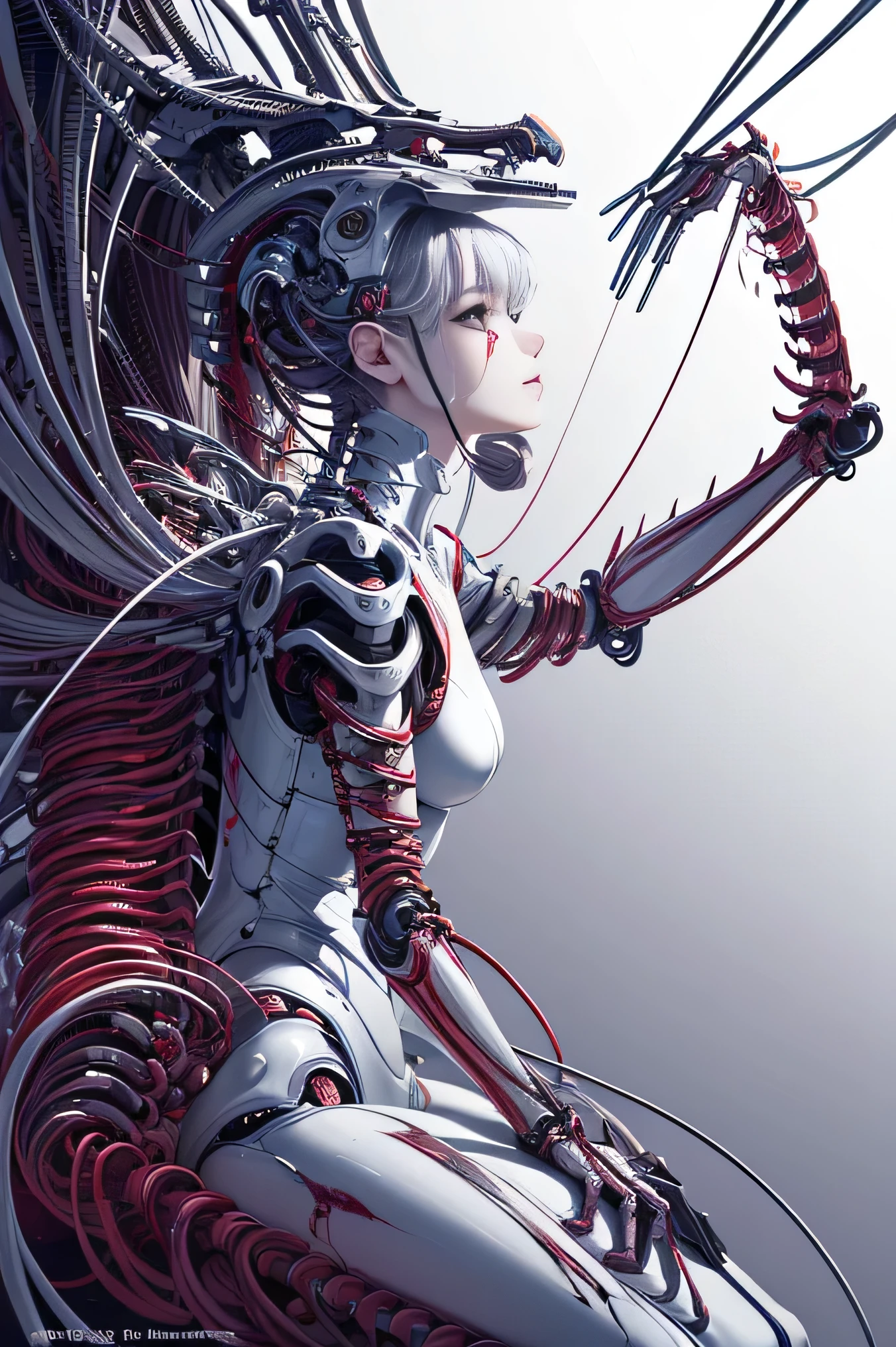 (masterpiece, top quality, best quality, official art, beautiful and aesthetic:1.2), (1girl:1.3), extreme detailed,colorful,highest detailed ((ultra-detailed)), (highly detailed CG illustration), ((an extremely delicate and beautiful)),(from side),cinematic light,((1mechanical girl)),solo,full body,(machine made joints:1.2),((machanical limbs)),(blood vessels connected to tubes),(mechanical vertebra attaching to back),((mechanical cervial attaching to neck)),(sitting),expressionless,(wires and cables attaching to neck:1.2),(wires and cables on head:1.2)(character focus),science fiction,white background,(blood:1.5)