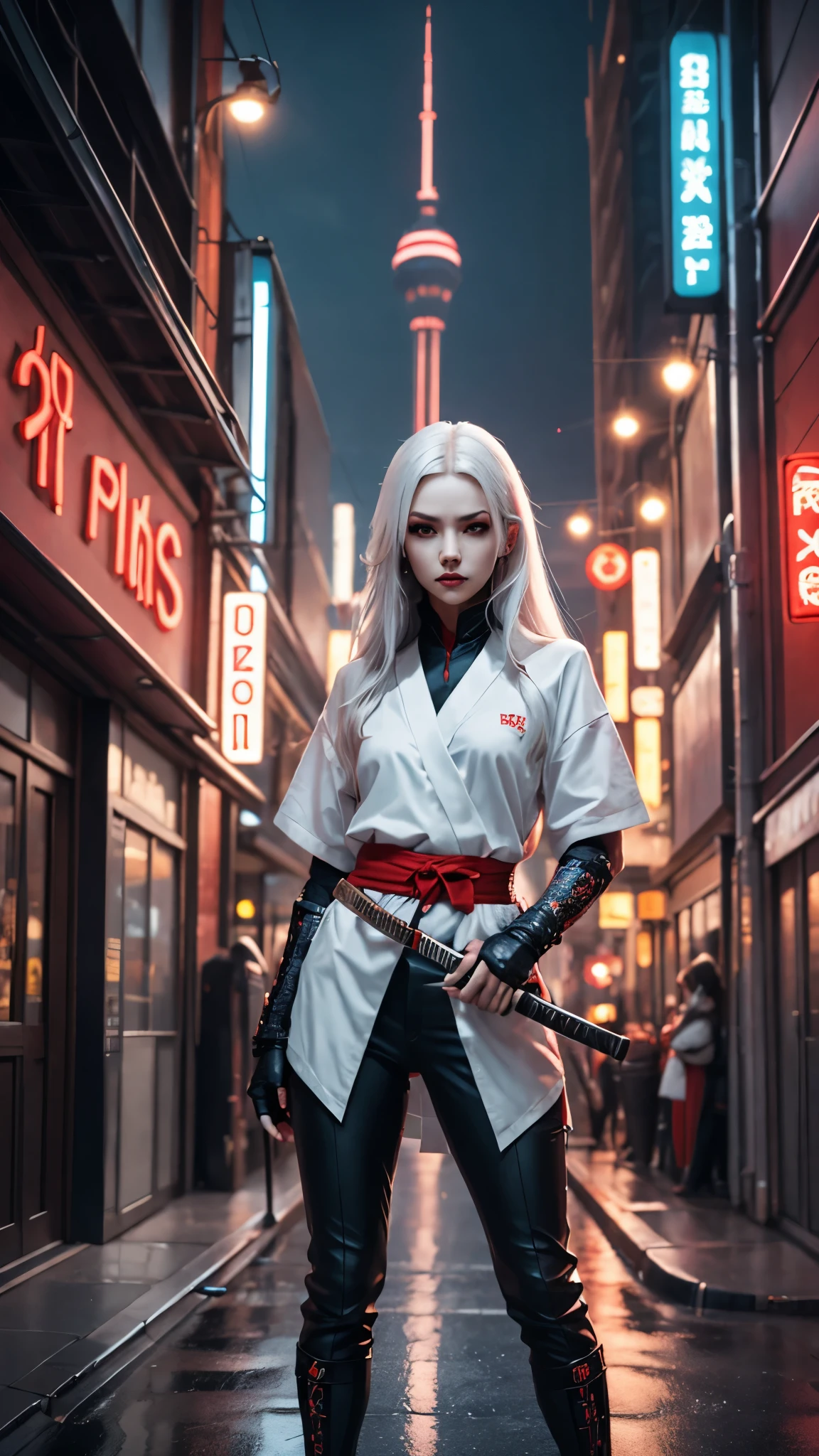 (best quality,highres),a white-haired female samurai with tattoos standing in the middle of a neon-lit street,neon lights,glowing signs,reflections on the wet pavement,abstract patterns,graffiti,urban landscape,tall buildings,moody atmosphere,distant futuristic skyline,shadows and highlights,sharp details,vibrant colors,anime style,deep colors and contrasts,nighttime city lights,urban grittiness,determined expression,strong stance,(Katana raised),adorned armor and weapon,glimmering tattoos,flowing hair,bright and bold composition,striking visual impact,mysterious aura,ethereal glow