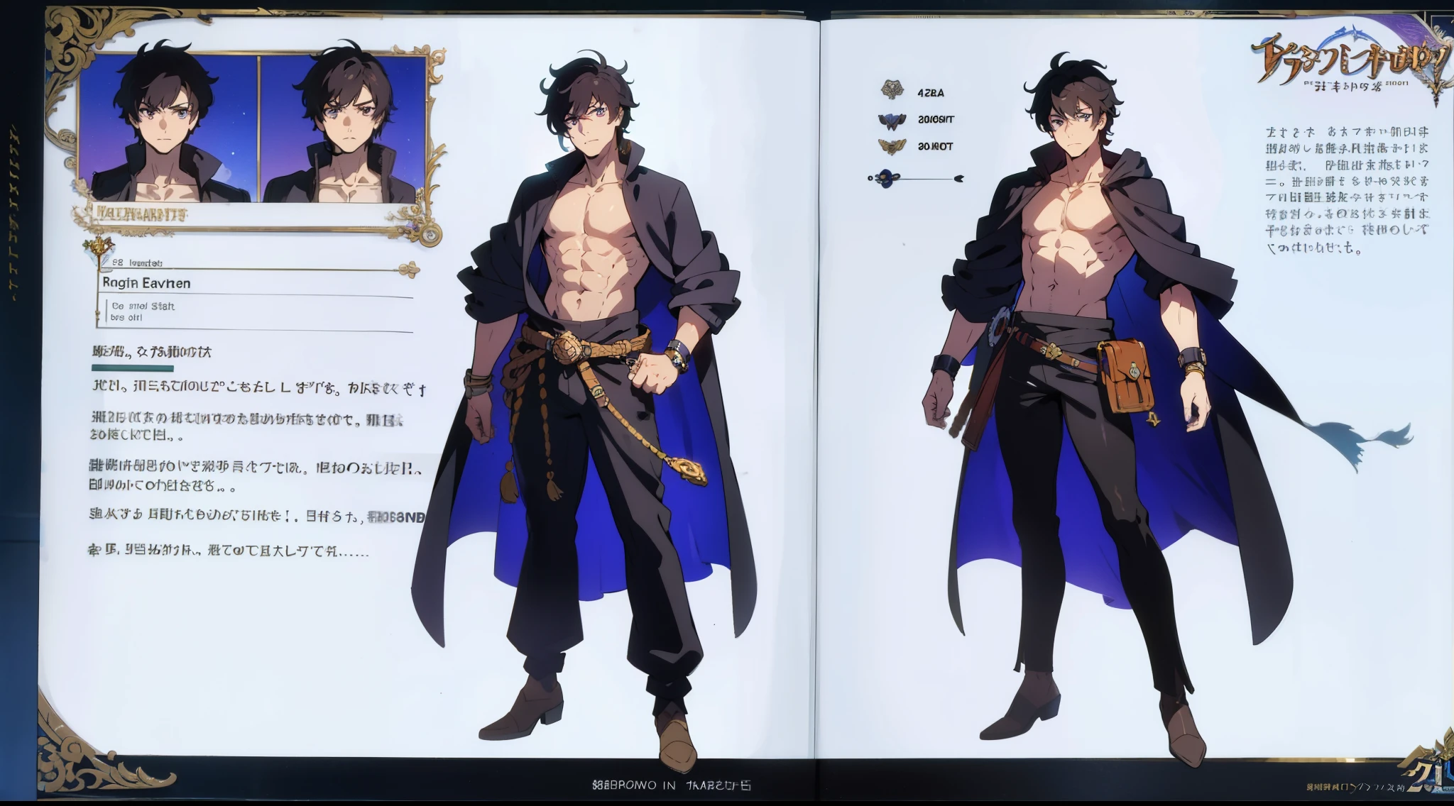 ((Masterpiece, highest quality)), detailed face, character sheet, Full body, full of details, multiple poses and expressions, highly detailed, depth, many parts, 1man, male, fantasy urban outfit, Arabia, loose fitted clothes, bare chest, lean but muscular, short sleeves, short messy hair, black hair, purple eyes, jewel earrings, serious, magic, roleplay game thief