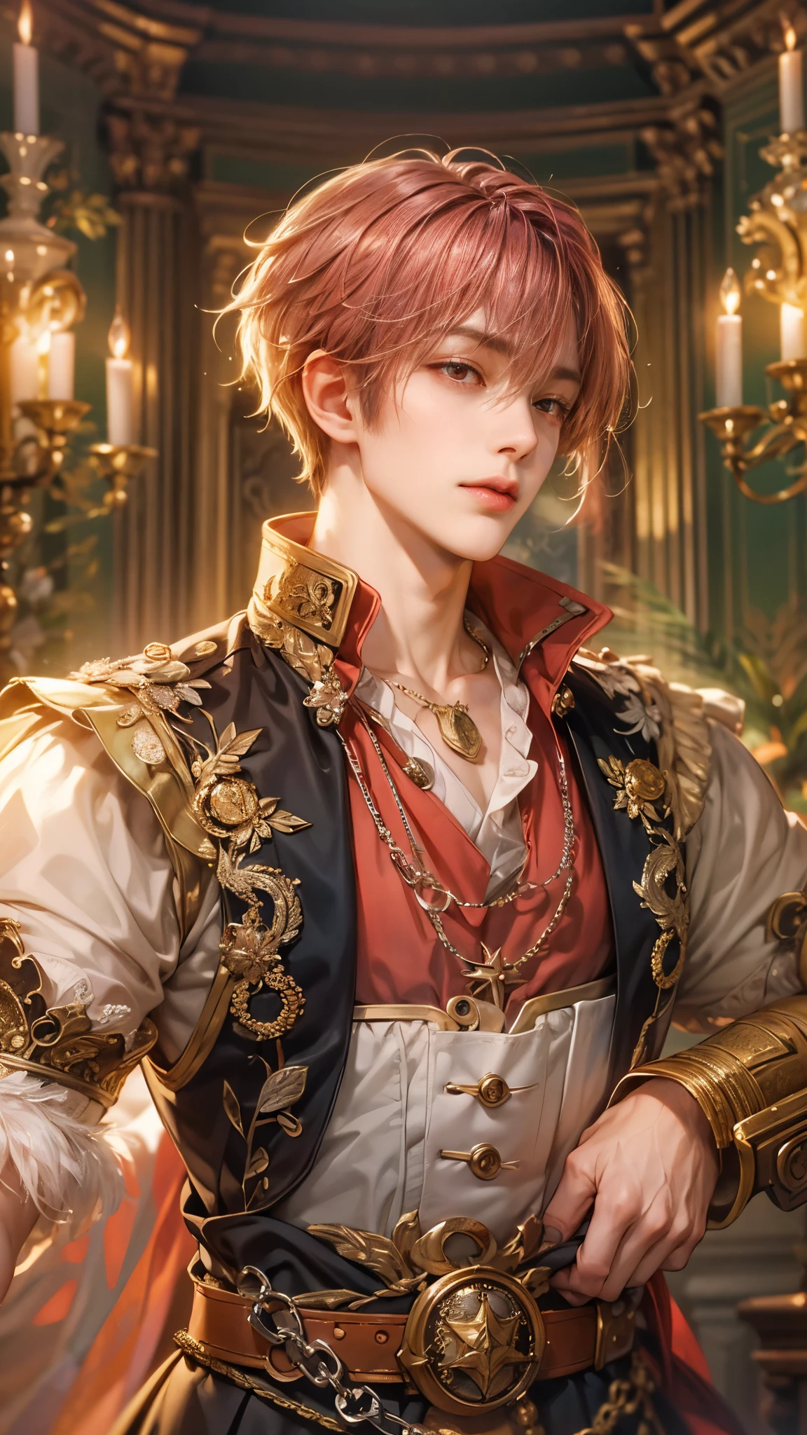 (absurdres, highres, ultra detailed, HDR), masterpiece, intricate details, best quality close-up picture of a character from Ragnarok Online, a character with handsome looks, korean face, dark pink hair, short hair, anime red eyes, silly face, matured , Versailles outfit showing chest, crop top, detailed chamber fireplace with chandelier background, festive scenery, detailed character, art kenouji