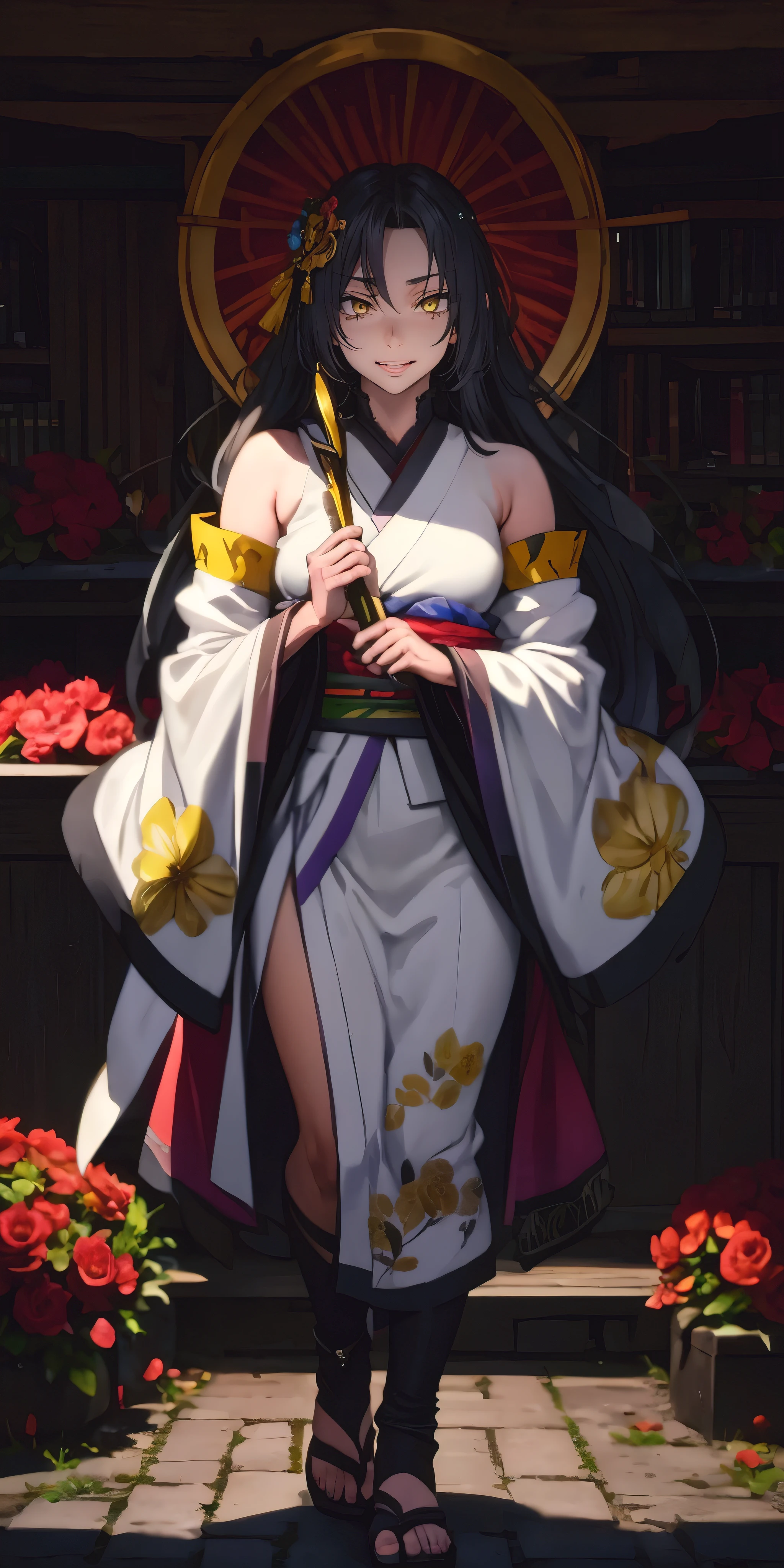 black hair, long hair, hair ornament, anatomically correct, best quality, masterpiece, high quality, high details, highres, HD, (shaded face:1.2), hollow eyes, yellow eyes, looking at viewer, seductive smile, new_panne, japanese clothes, kimono, obi, tabi, sash, wide sleeves, facial mark, smile, looking at viewer, hair ornament, forehead mark, sandals, long sleeves, fur trim, shiny, flower, nail polish, zouri, floral print, gradient clothes, shrine, outdoors, (masterpiece, best quality, ultra-detailed, best shadow),
