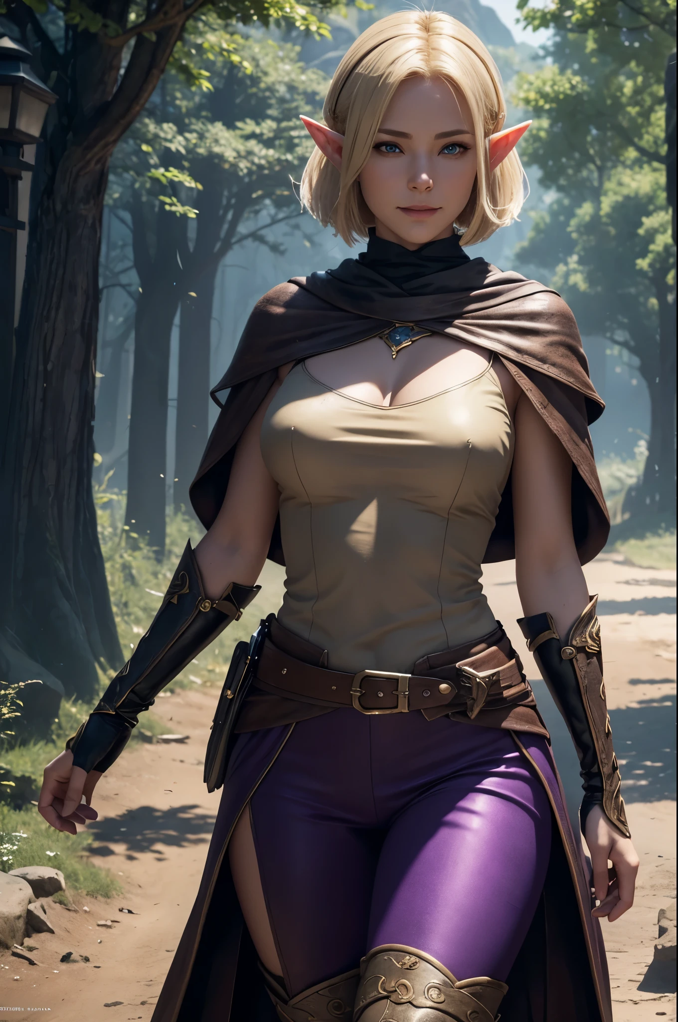 8k,Elf smiling blonde short bob hair,super beautiful(like the real thing),elf ears,An arafe woman wearing a sexy outfit hiding in a brown cloak is walking, super detailed Fantasy characterss, 3d rendering character art 8k, types of bacteria ; 3d unreal engine, fantasy costume, 4 k detail fantasy, 2. 5d cgi anime fantasy artwork, Fantasy characters, gorgeous purple and black pants, seductive woman, 素晴らしいcharacter art,masterpiece,Photorealistic RAW photos of the highest quality。bright colors,rich colors, Backlight, cinematic lighting, film grain, to be born, 50mm lens, Nikon D850,realistic skin,fantasy art,character art,ultra high resolution,realistic skin,wilderness,small breasts,road with dust,Adventurer's Costume,carry a bag,walk with half your face covered,hide your face,sharp gaze,