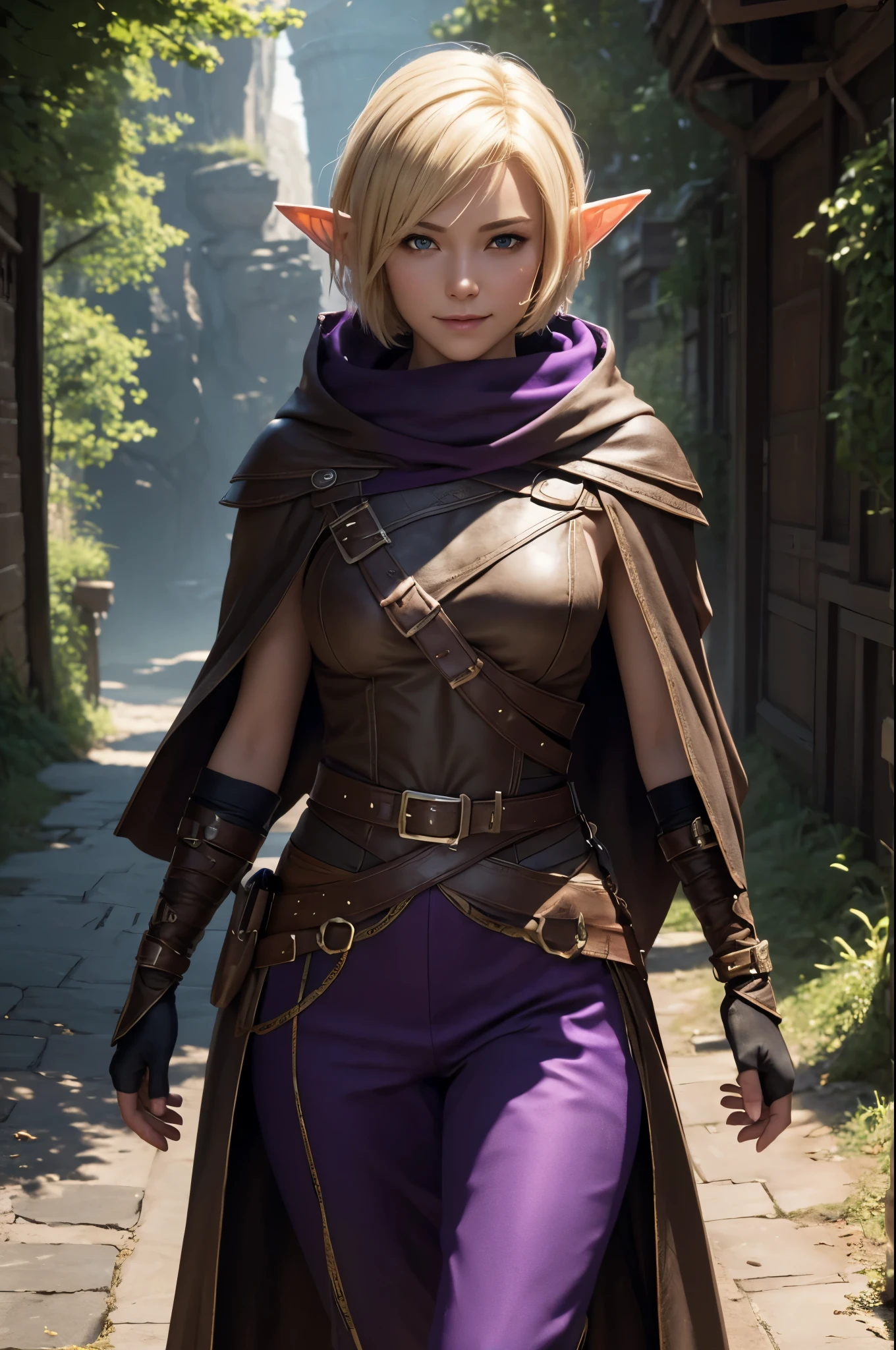 8k,Elf smiling blonde short bob hair,super beautiful(like the real thing),elf ears,An arafe woman wearing a sexy outfit hiding in a brown cloak is walking, super detailed Fantasy characterss, 3d rendering character art 8k, types of bacteria ; 3d unreal engine, fantasy costume, 4 k detail fantasy, 2. 5d cgi anime fantasy artwork, Fantasy characters, gorgeous purple and black pants, seductive woman, 素晴らしいcharacter art,masterpiece,Photorealistic RAW photos of the highest quality。bright colors,rich colors, Backlight, cinematic lighting, film grain, to be born, 50mm lens, Nikon D850,realistic skin,fantasy art,character art,ultra high resolution,realistic skin,wilderness,small breasts,road with dust,Adventurer's Costume,carry a bag,walk with half your face covered,hide your face,sharp gaze,