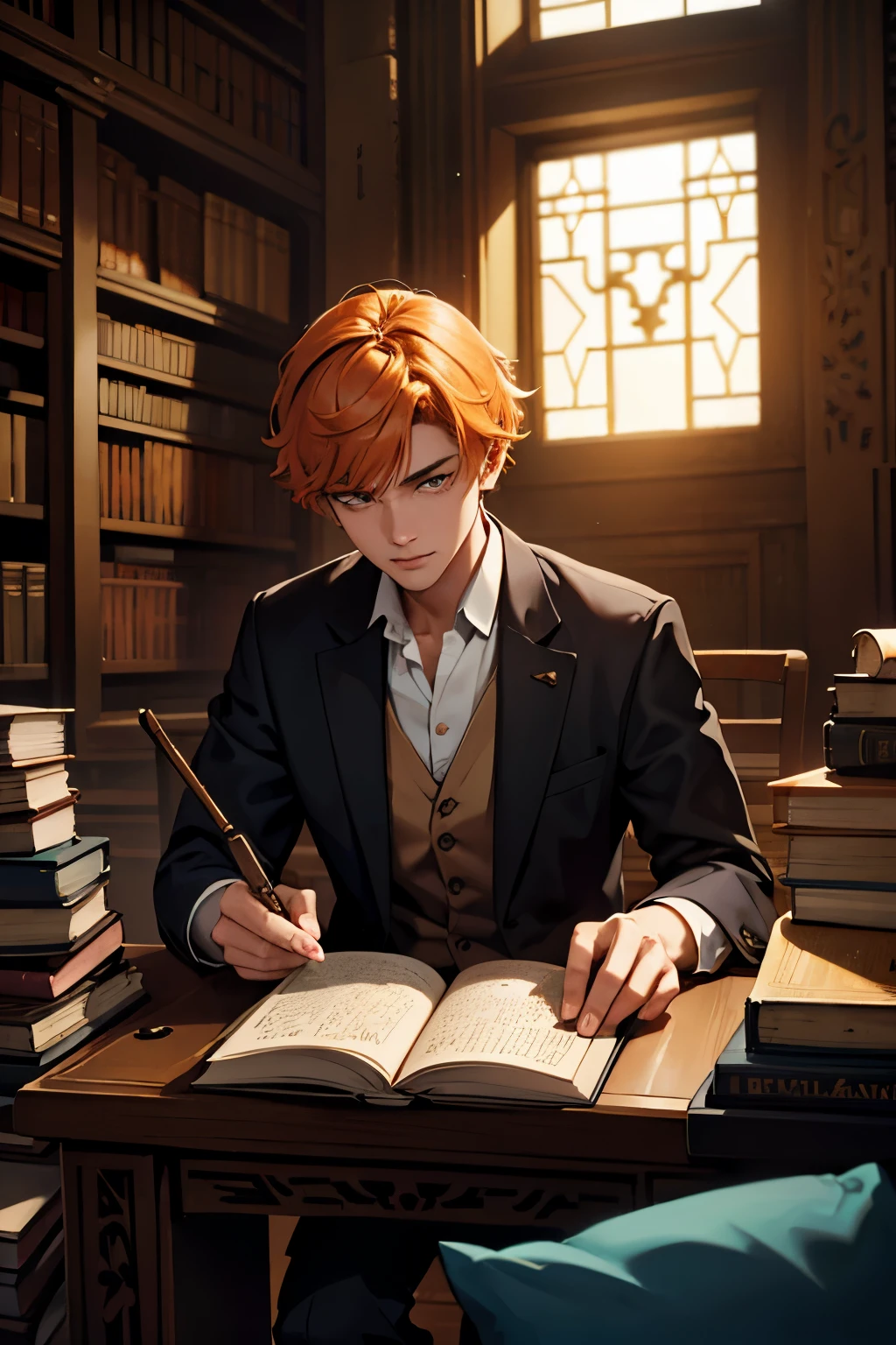 short-haired young bibliomaniac is in an ancient library of Alexandria or Babylon. or in a library in ancient Egypt he has orange hair and another young man looks at him and dark in his room, sentado y leyendo de espaldas a su escritorio lleno de libros desordenados mientras lee en la oscuridad, a somewhat depressing atmosphere with anatomy and science things.
