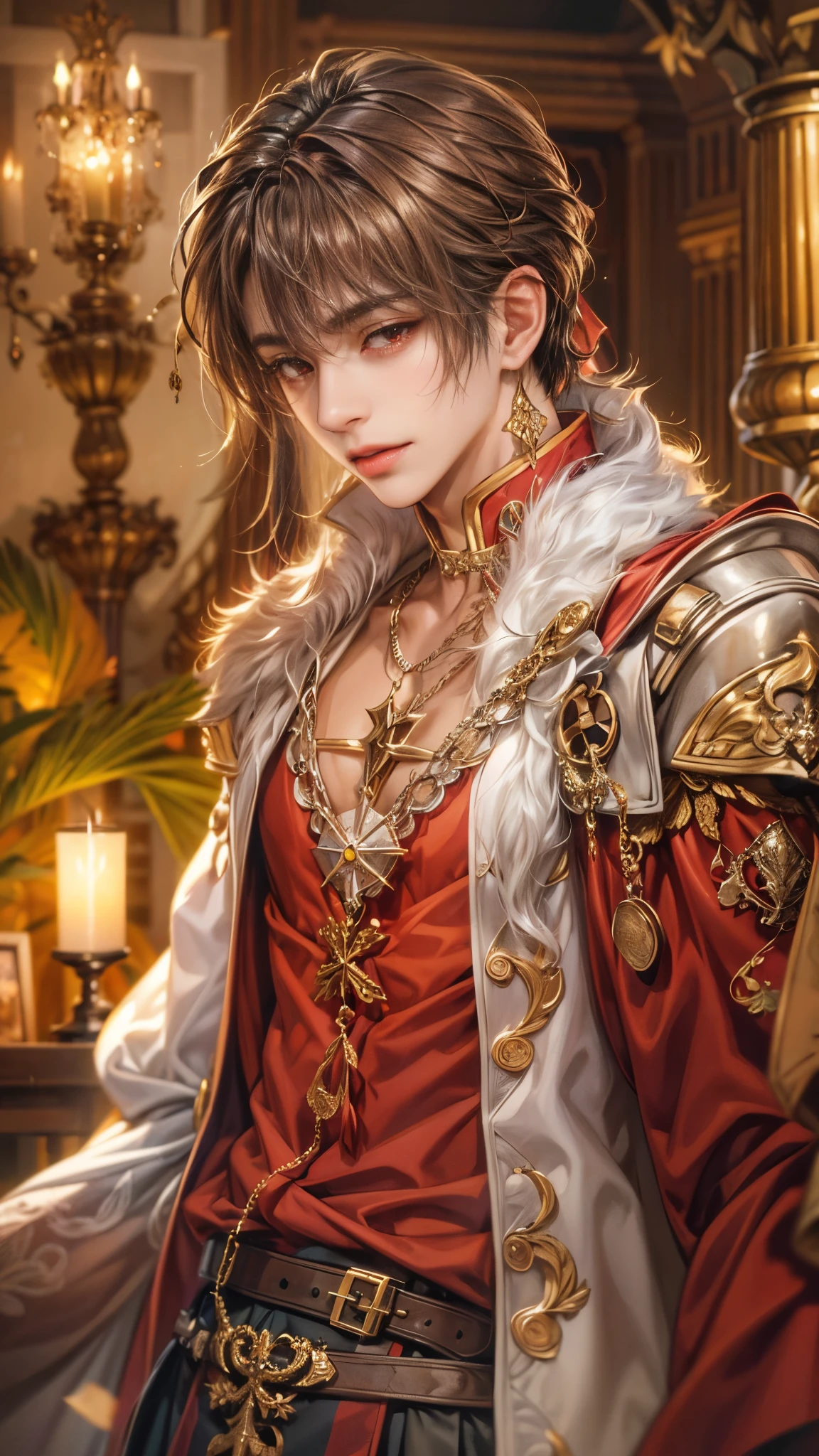 (absurdres, highres, ultra detailed, HDR), masterpiece, intricate details, best quality close-up picture of a character from Ragnarok Online, a character with handsome looks, korean face, dark crimson hair, short hair, anime red eyes, silly face, matured , Versailles outfit showing chest, crop top, detailed chamber fireplace with chandelier background, festive scenery, detailed character, art kenouji