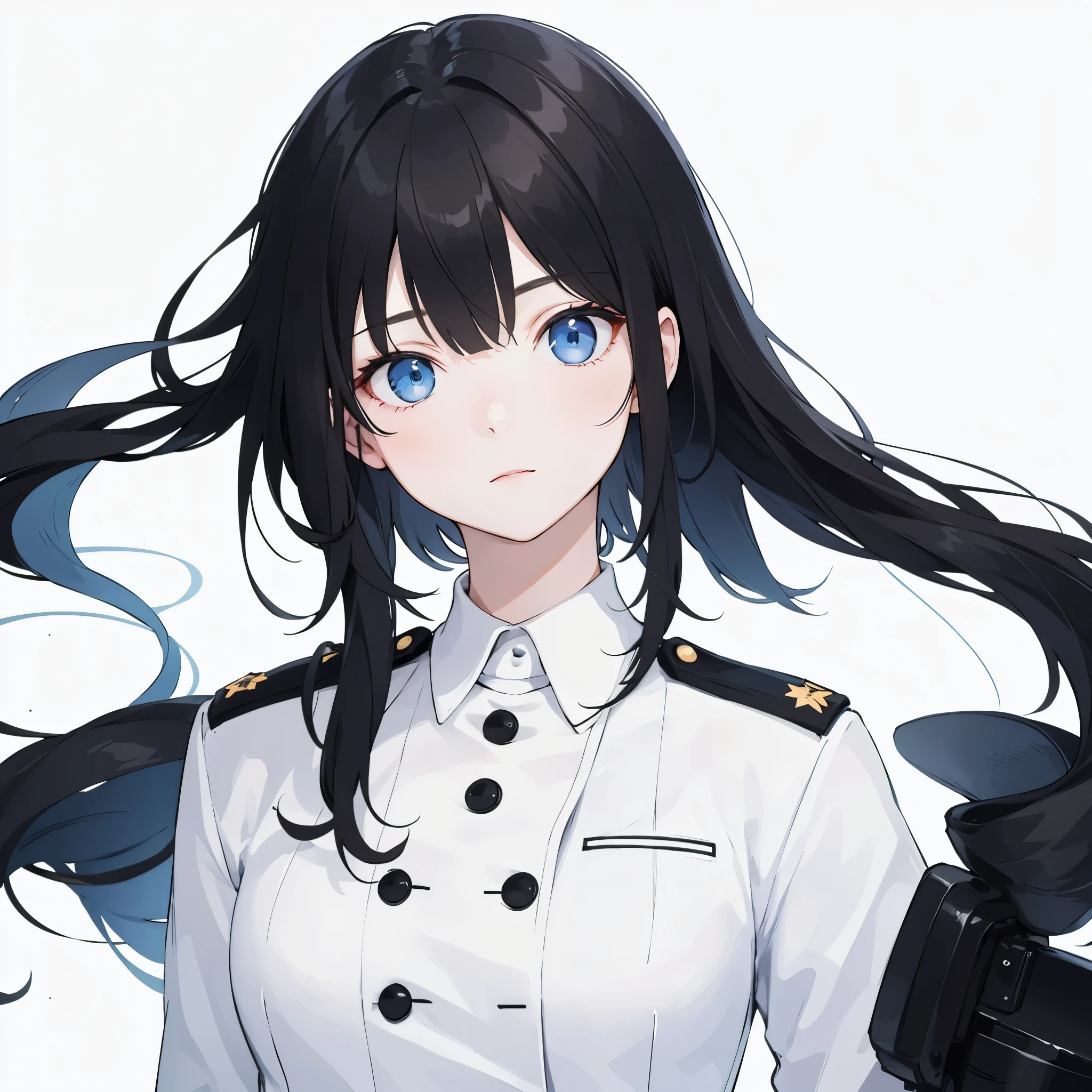 a female，black hair，black military uniform，blue eyes，protrait photo，pure white background