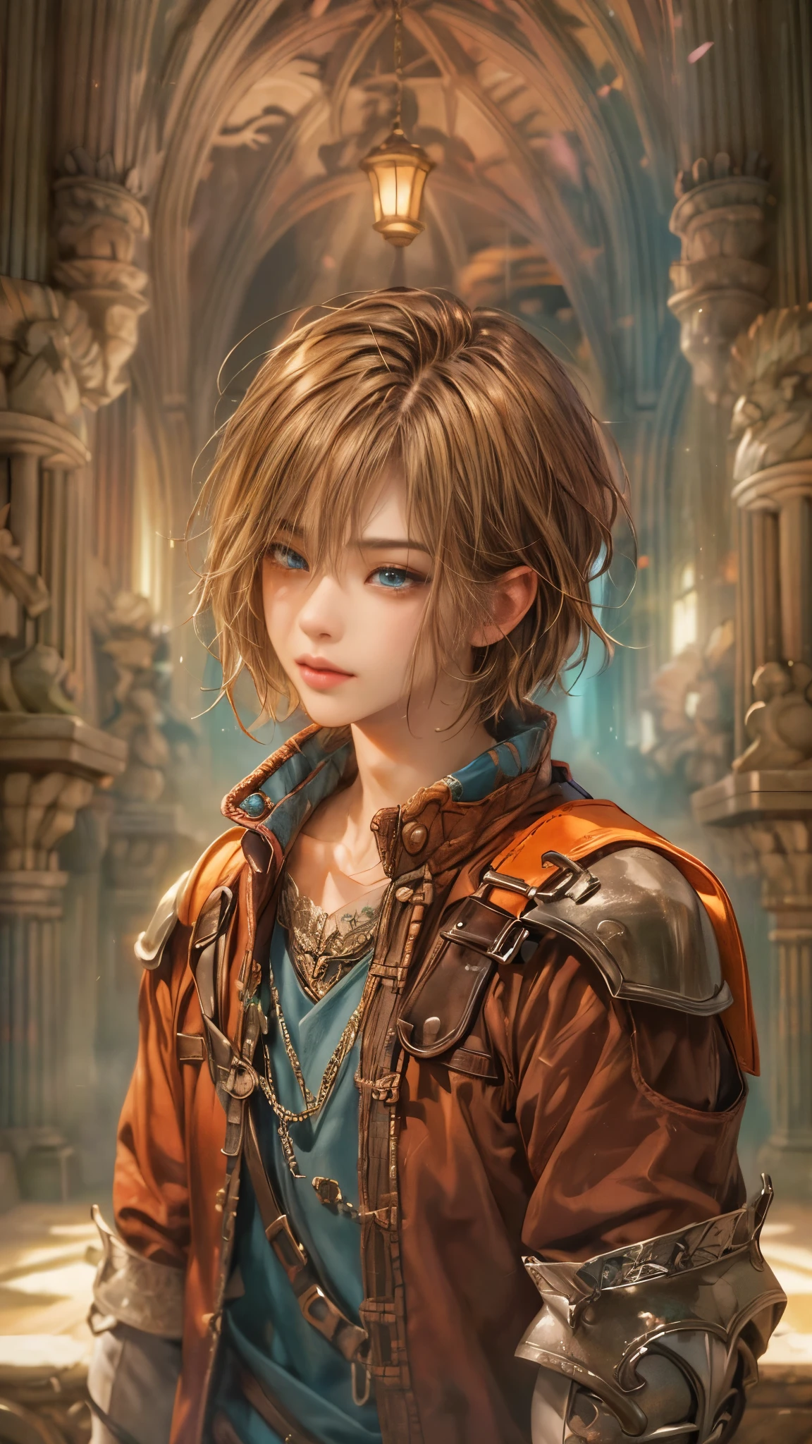 (absurdres, highres, ultra detailed, HDR), masterpiece, intricate, best quality, portrait of a teenage boy from Final Fantasy IX, short hair, korean face, anime eyes, detailed interior, detailed character