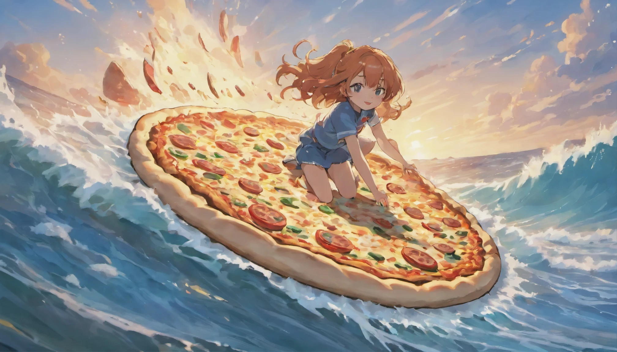 Pizza flies on the crest of a huge wave, waves on the seashore, sunny summer seascape 
