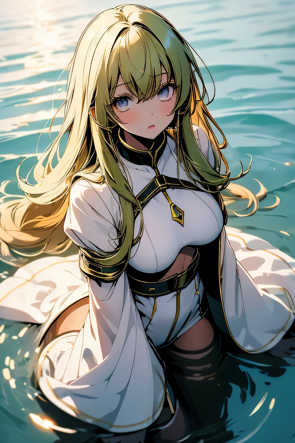 1girl:1.3, (pastel color line art:1.3), expressive eyes, perfect face, 1 girl, c.c. from code geass, yellow eyes, green hair, long hair, bangs, medium breasts, straitjacket, white bodysuit, white shoes, water, partially submerged, from above, afloat, shallow water, parted lips, lying, on back, long sleeves, wide sleeves, (medium boob size), golden hour, warm glow, cinematic lighting, beautiful scenery, bokeh, blurry background, retro art pose, pop art pose, absurdres, highres, ultra detailed
