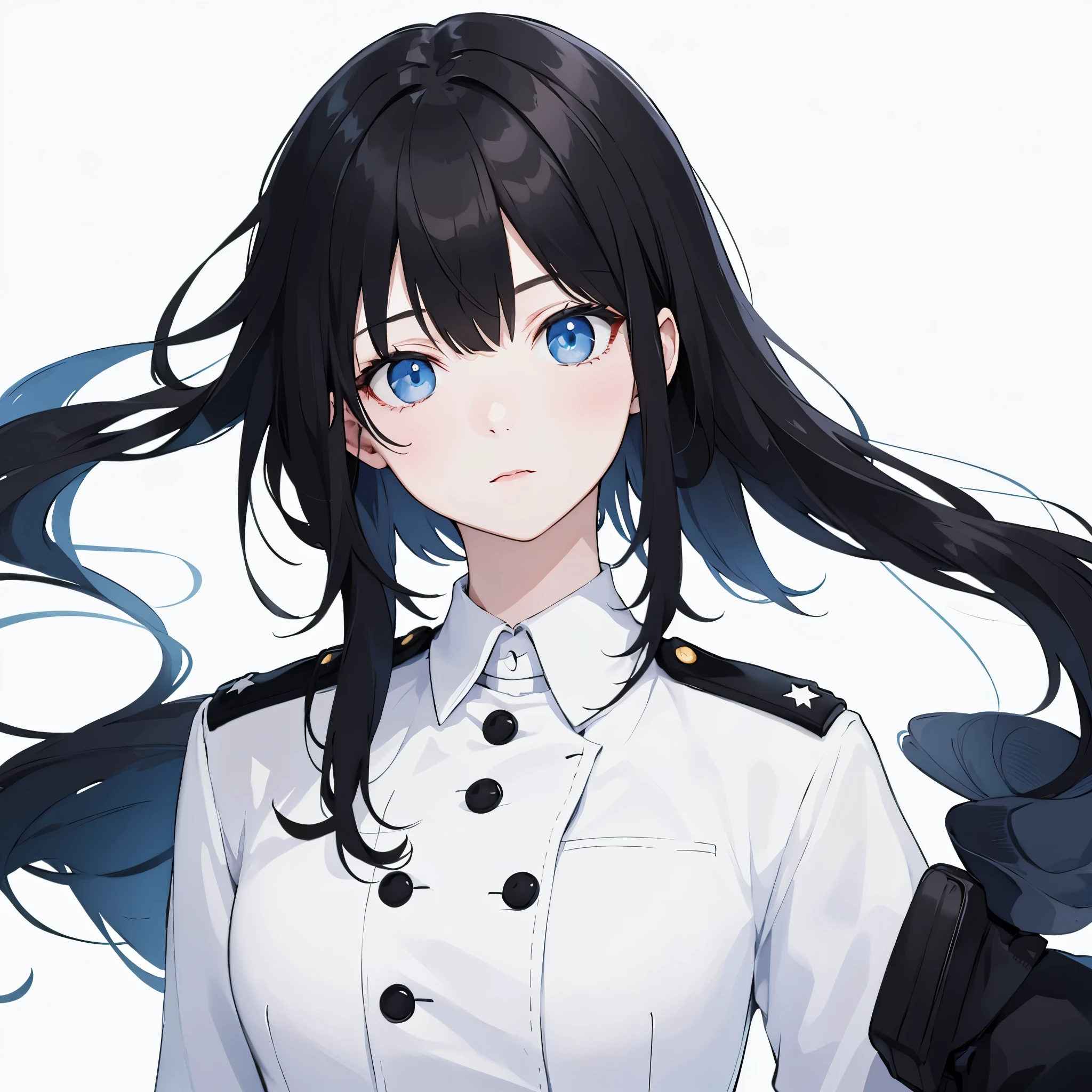 a female,black hair,black military uniform,blue eyes,protrait photo,pure white background