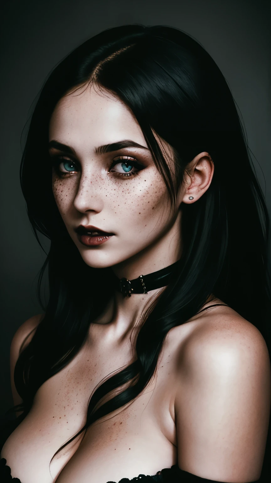 (best quality, hyperdetailed photography:1.2), beautiful lady, freckles, gothic dark makeup, soft light, massive perfect breast,head and breast portrait, cover, (detailed beautiful face, detail skin texture, ultra-detailed body:1.1) sexy vampire girl,