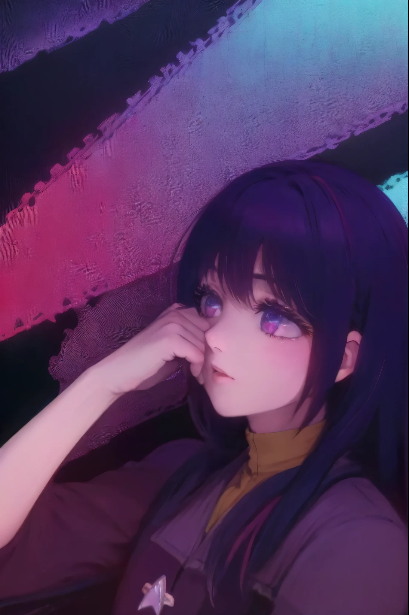 Hoshino Ai, long hair, purple hair, streaked hair ,purple eyes, star-shaped pupils, hair ornament,  
ds9st red and black uniform pleading expression