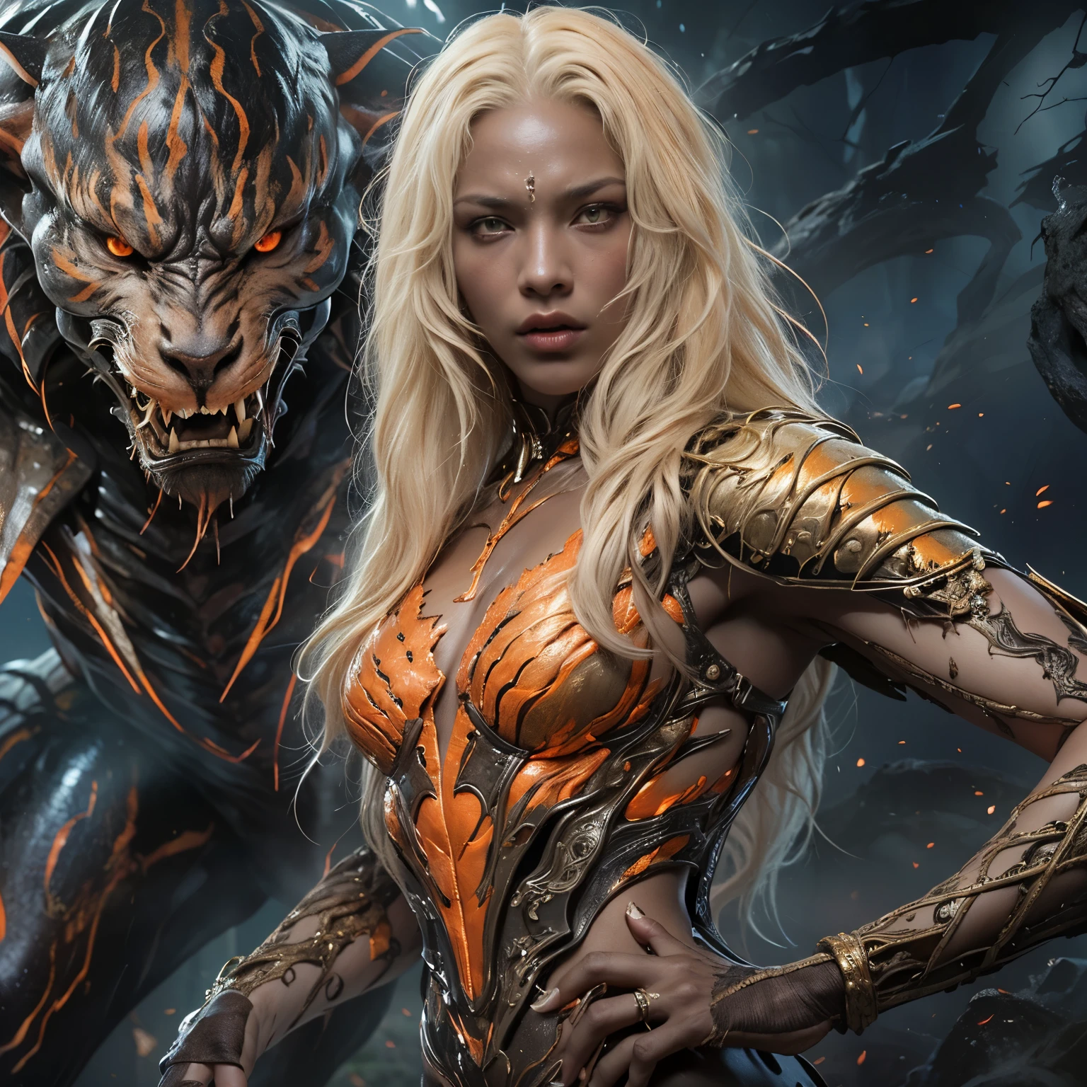 1 female alien, The predator, (extremely beautiful:1.2), (intense gaze:1.4), (predator:1.1), long dark claws, (NSFW:0.8), nipples, thick eyebrows, (shine orange eyes:1.5), the most beautiful face in the universe, NSFW, platinum blonde hair,
intricate artwork, ultra realistic realism, high resolution, High freshness, drawing faithfully, official art, Unity 8K Wall paper, ultra detailed artistic photography,
A woman predator with an extremely beautiful face, her intense gaze fixed on her prey, a primal force that could not be denied.

(beautiful lean body:1.5), (muscular build:1.2), (prowling:1.3), (sleek movements:1.4)

Her beautiful body, muscular and toned, moved with sleek grace as she prowled, ready to strike at a moment's notice. The predator within her was always on