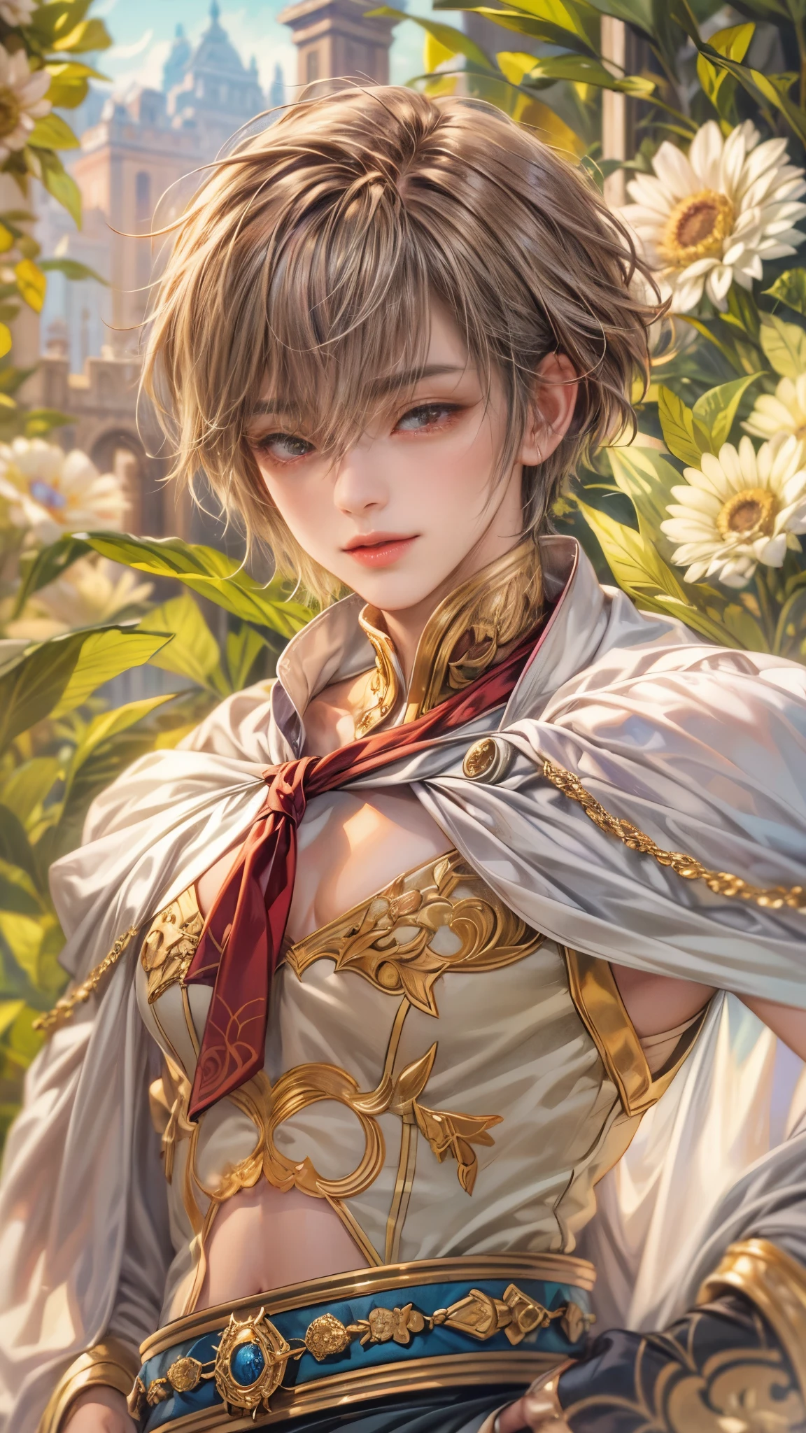 (absurdres, highres, ultra detailed, HDR), masterpiece, intricate details, best quality close-up picture of a character from Ragnarok Online, a character with handsome looks, korean face, original hair, short hair, anime red eyes, silly face, matured , Requiem outfit showing chest, crop top, detailed flowery greenhouse with sky background, festive scenery, detailed character, art kenouji