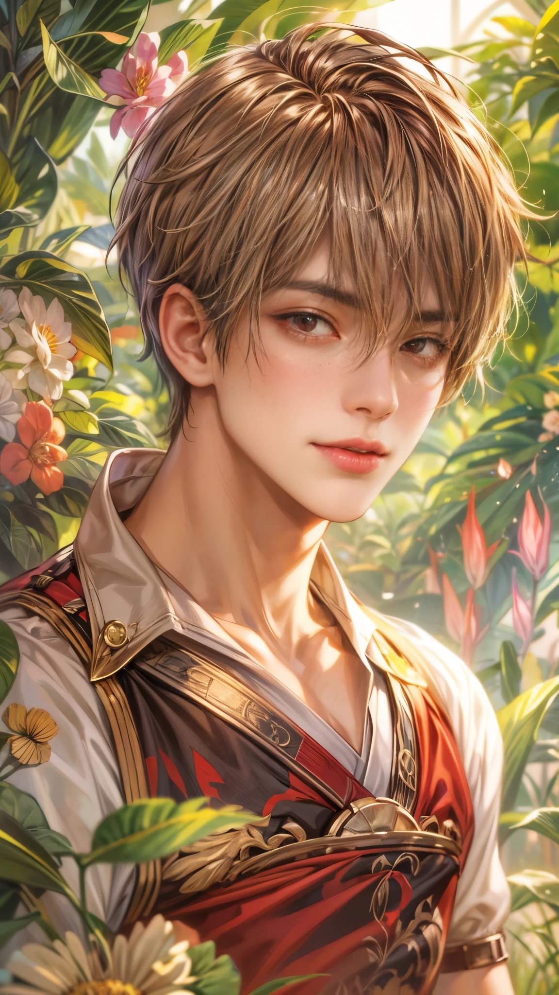 (absurdres, highres, ultra detailed, HDR), masterpiece, intricate details, best quality close-up picture of a character from Ragnarok Online, a character with handsome looks, korean face, original hair, short hair, anime red eyes, silly face, matured teen, Requiem outfit showing chest, crop top, detailed flowery greenhouse with sky background, festive scenery, detailed character, art kenouji