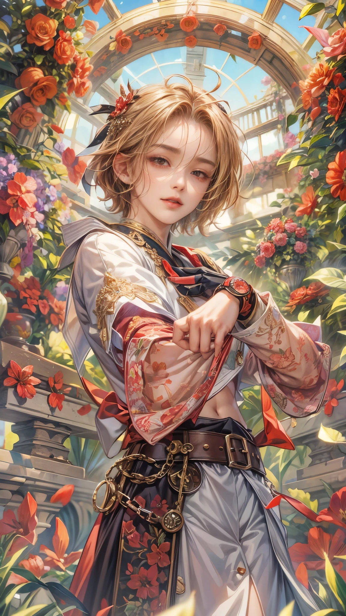 (absurdres, highres, ultra detailed, HDR), masterpiece, intricate details, best quality close-up picture of a character from Ragnarok Online, a character with handsome looks, korean face, original hair, short hair, anime red eyes, silly face, matured teen, Requiem outfit showing chest, crop top, detailed flowery greenhouse with sky background, festive scenery, detailed character, art kenouji