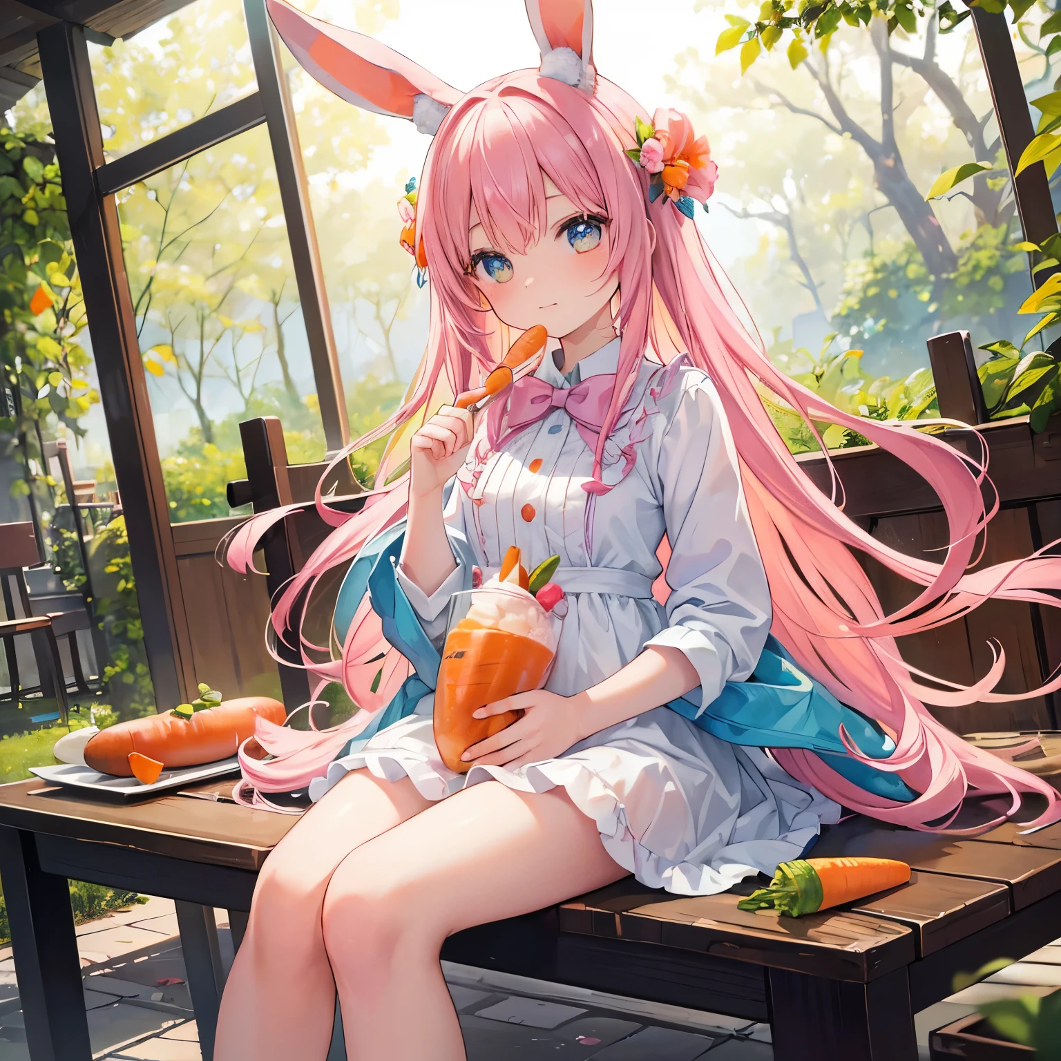 (masterpiece: 1.21), (best quality: 1.331), (ultra-detailed), (extremely best illustration), (amazing), (hyper quality),

Gorgeous and rich graphics of a cute Anime Easter Girlfriend, with expressive eyes and rosy cheeks. She is depicted sitting at a table, dressed in an Easter outfit, her long, flowing pastel-colored hair adorned with small, colored eggs and rabbit ears. In her hands, she holds a bright orange carrot, taking a delicious bite. The background is intricately detailed, consisting of a blurry, pastel-colored forest landscape with sunrays peeking through