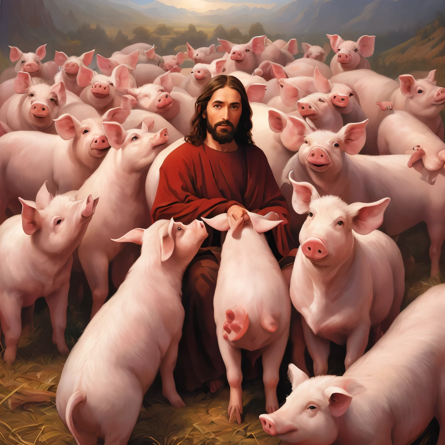 jesus sitting among a herd of porcos, porcos, jesus, Jon McNaughton, Greg Olsen, prehistoric hell porcos, "pork, inspirado em Mark Keathley, tendendo ,, Jesus Cristo, por Juan O'Gorman, porco porco porco, epic biblical representation, Rob Rey, rob mcnaughton, Christian art, porco, arte oficial, Peter, satirical painting