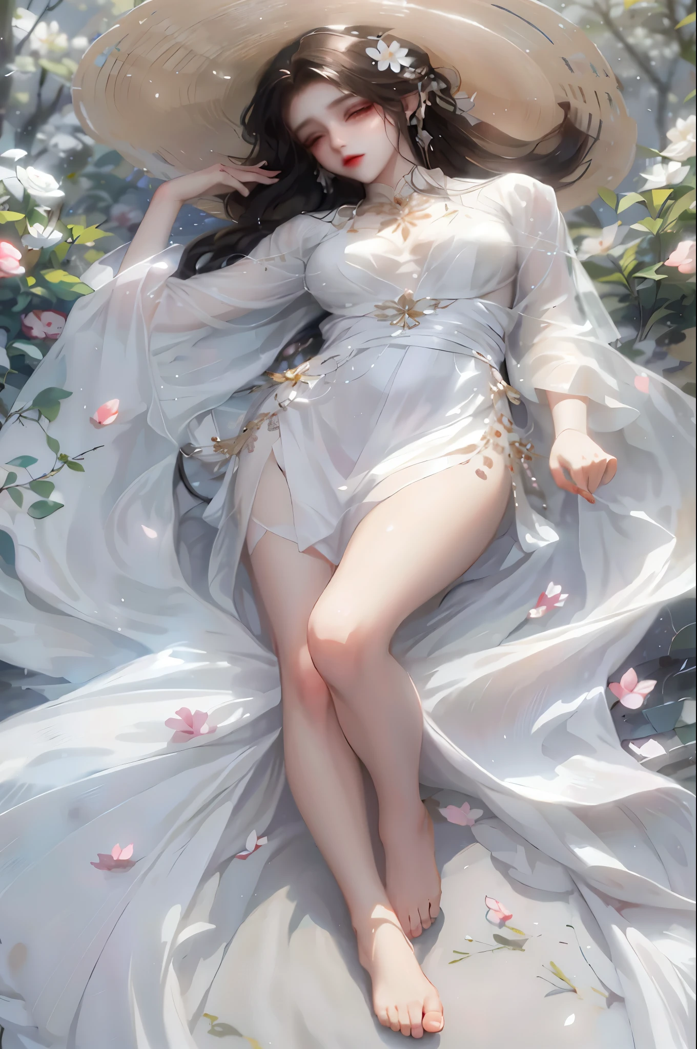 One was wearing a white dress、Woman wearing hat lying on flower bed, ethereal beauty, a stunning young ethereal figure, flowing magic robe, guweiz, ethereal and dreamy, flowing white robe, ethereal fantasy, guweiz style artwork, White Hanfu, very ethereal, ethereal!!!!!!!, dreamy and ethereal, ethereal skin, ethereal!!!, ethereal fairytale