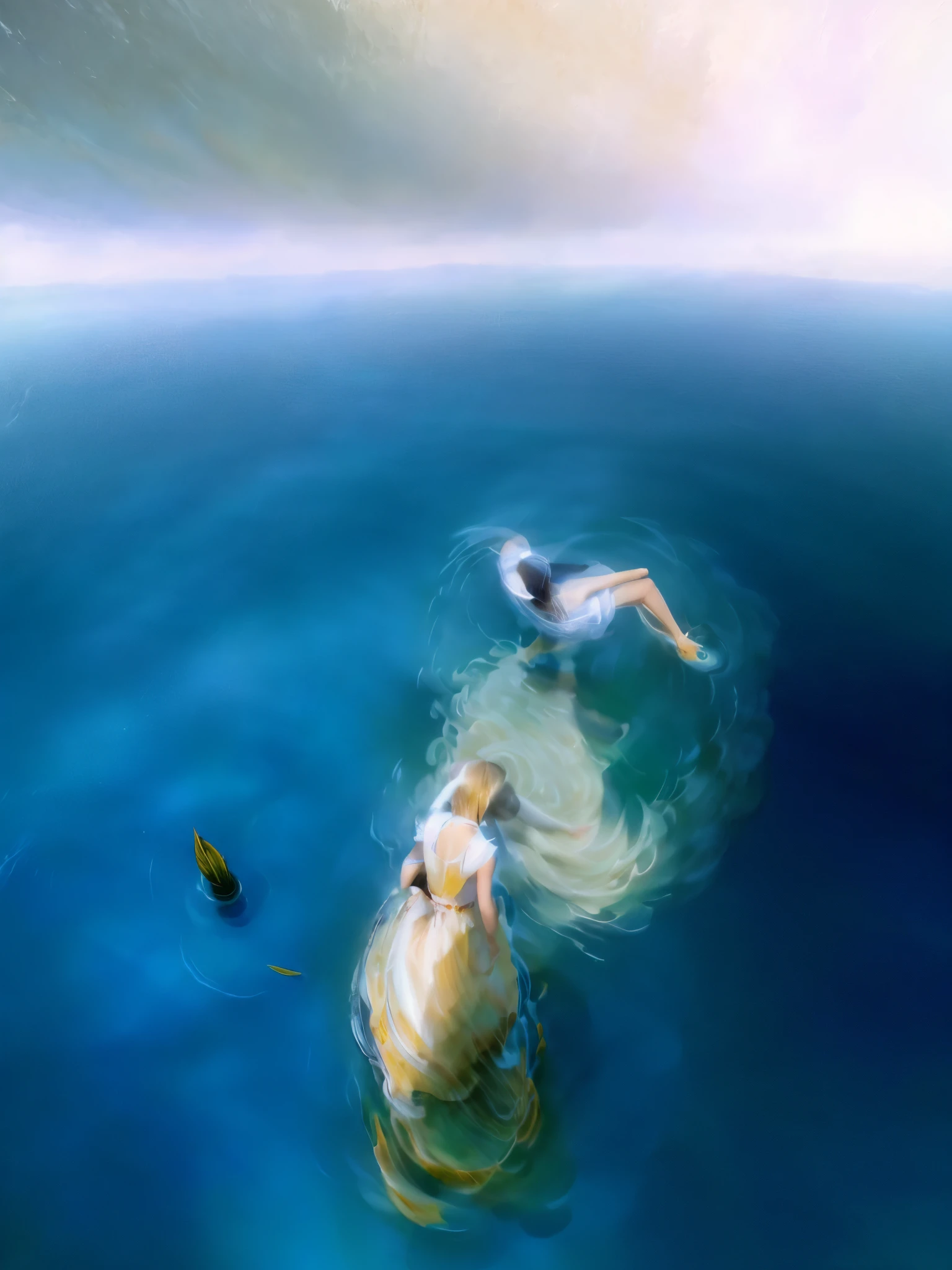 (Masterpiece, in detail, hyperrealism, Photo, strong tilt of the camera to the floor, shot from above), Girl in the water, floats, soft water, bright reflections, shine, aesthetic picture, soft colors, just water and a girl, white dress flows in the water, water vibrations, Clear blue water, warm light, long white hair, pale skin, beautiful body, Correct proportions, Graceful hands
